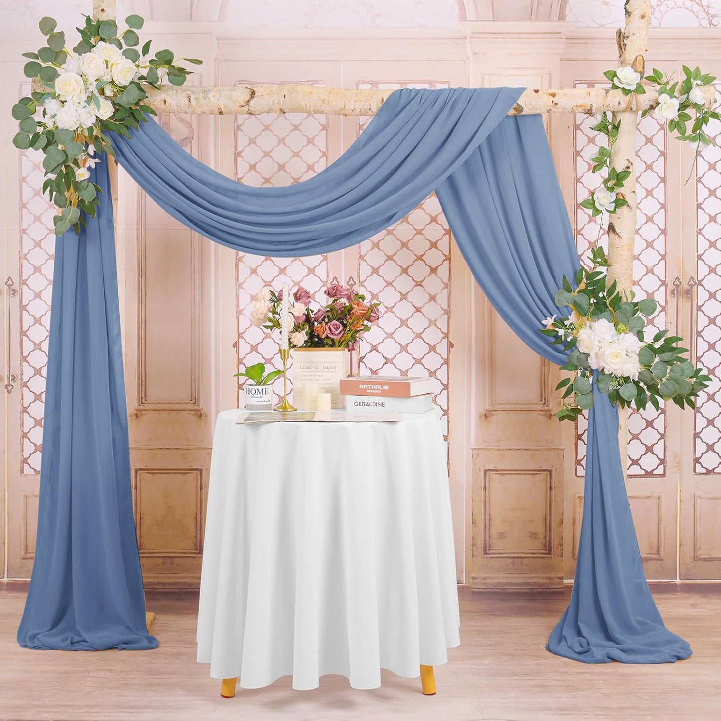 Dusty Blue Sheer Chiffon Wedding Arch Draping Fabric, 28" x 20ft Panels (Pack of 1), Polyester Chiffon, Solid Pattern, Perfect for Wedding Ceremony & Reception Party Decoration