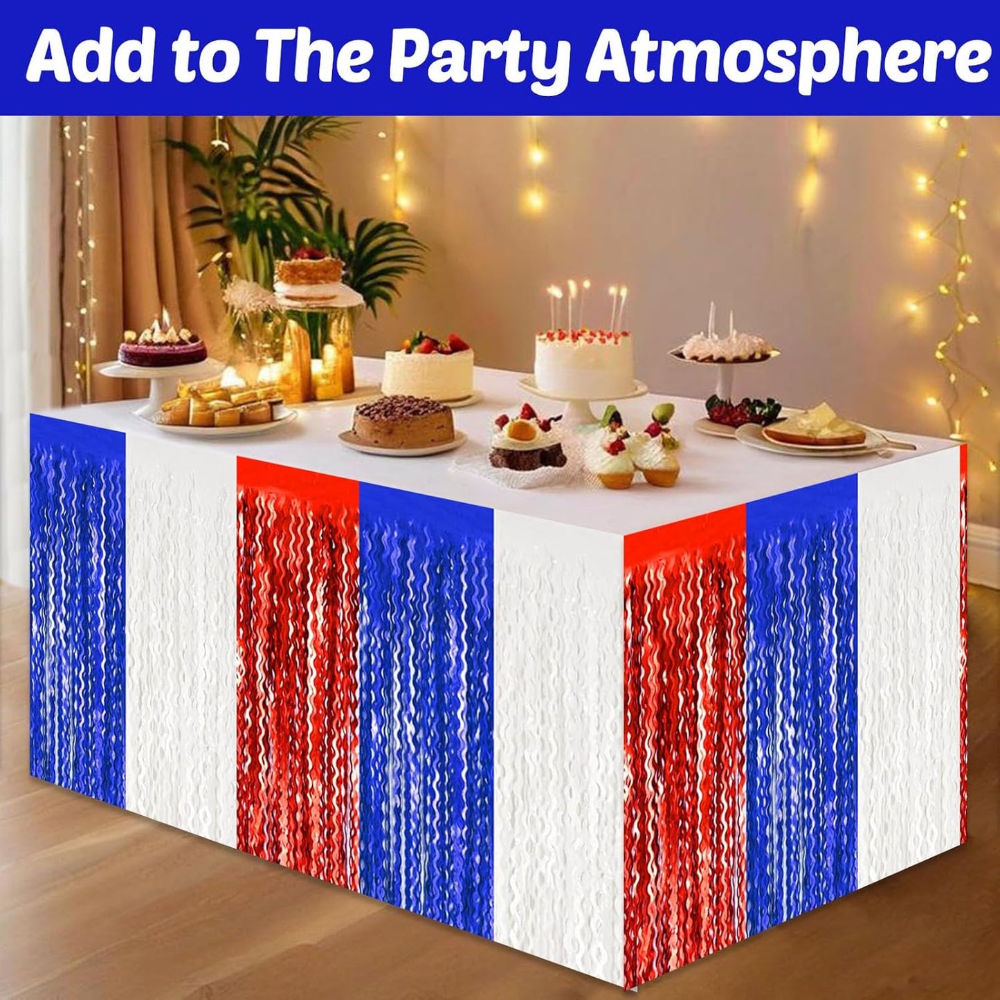 6 Pack 29x108 Inch White Blue Red Wave Foil Fringe Table Skirts Metallic Banner for Tinsel Streamer Garland Backdrop for Parade Floats Wedding, Mother's Day, Birthday Mardi Gras Party Decorations