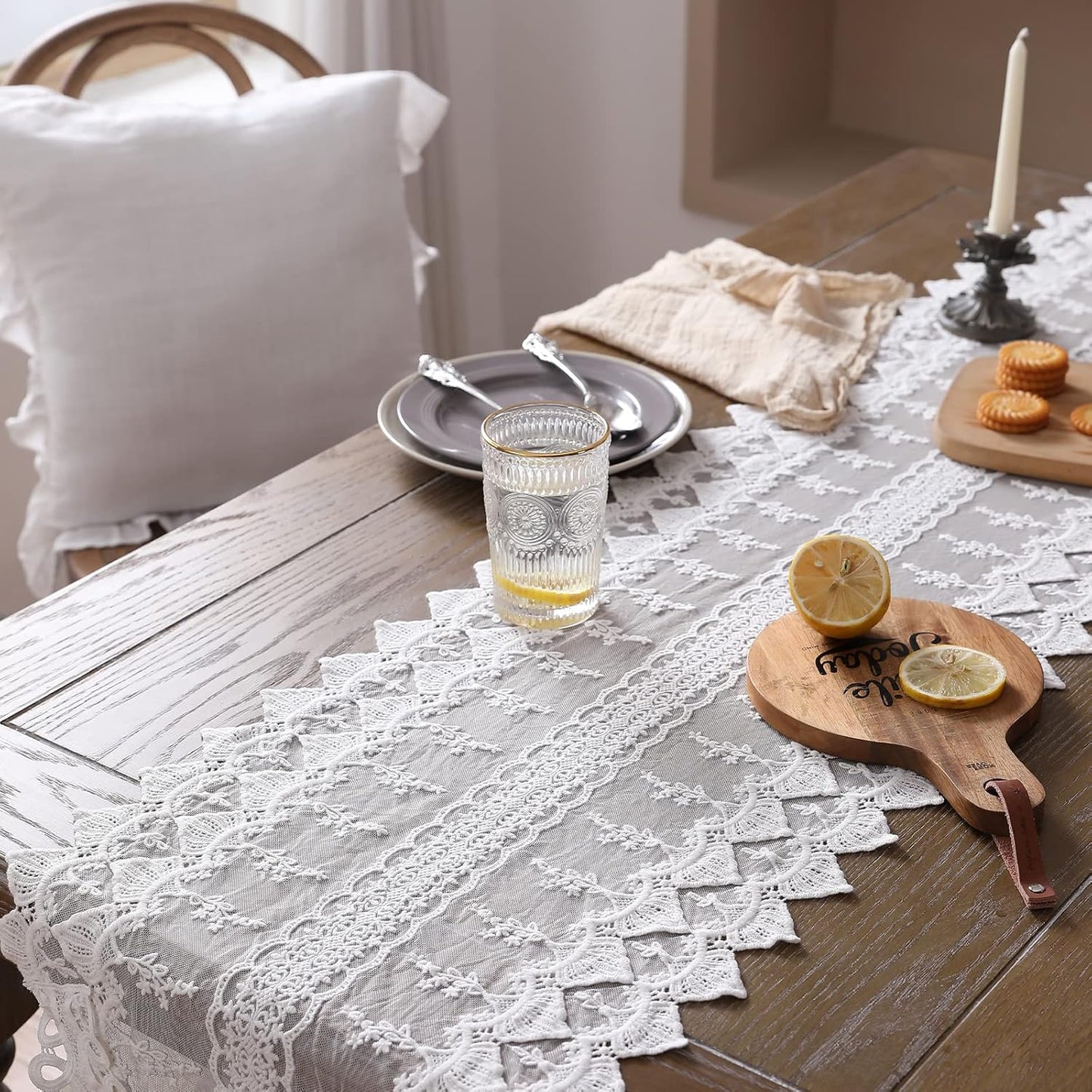 patdrea Designer Vintage White Lace Table Runner,Crochet Decorative Table Covers,Chiffon Embroidered Tasseled Table Runners, Cutwork Dresser Runners,Christmas Wedding Party Bridal 16x63 Inches Long