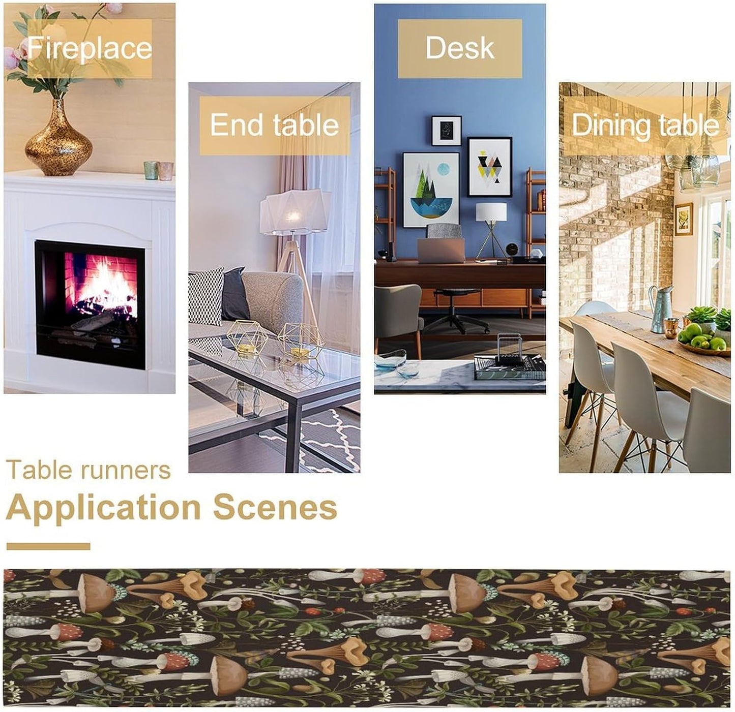 Mushroom Table Runner,Retro Forest Wildflower Botanical Plants Flower Art Pattern Print Burlap Hotel Indoors Outdoor Dining Room Kitchen Holiday Party, 13x90in