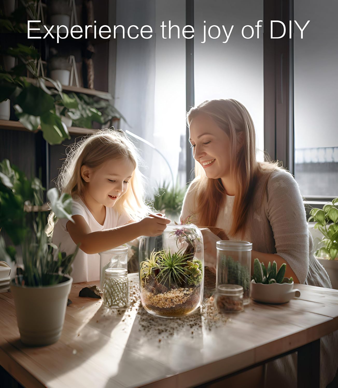 Terrarium Kit with Grow Light, Succulent Plants, Mini Gardening Set - Includes Jar, Tools, Moss, Rocks, Driftwood & Decor