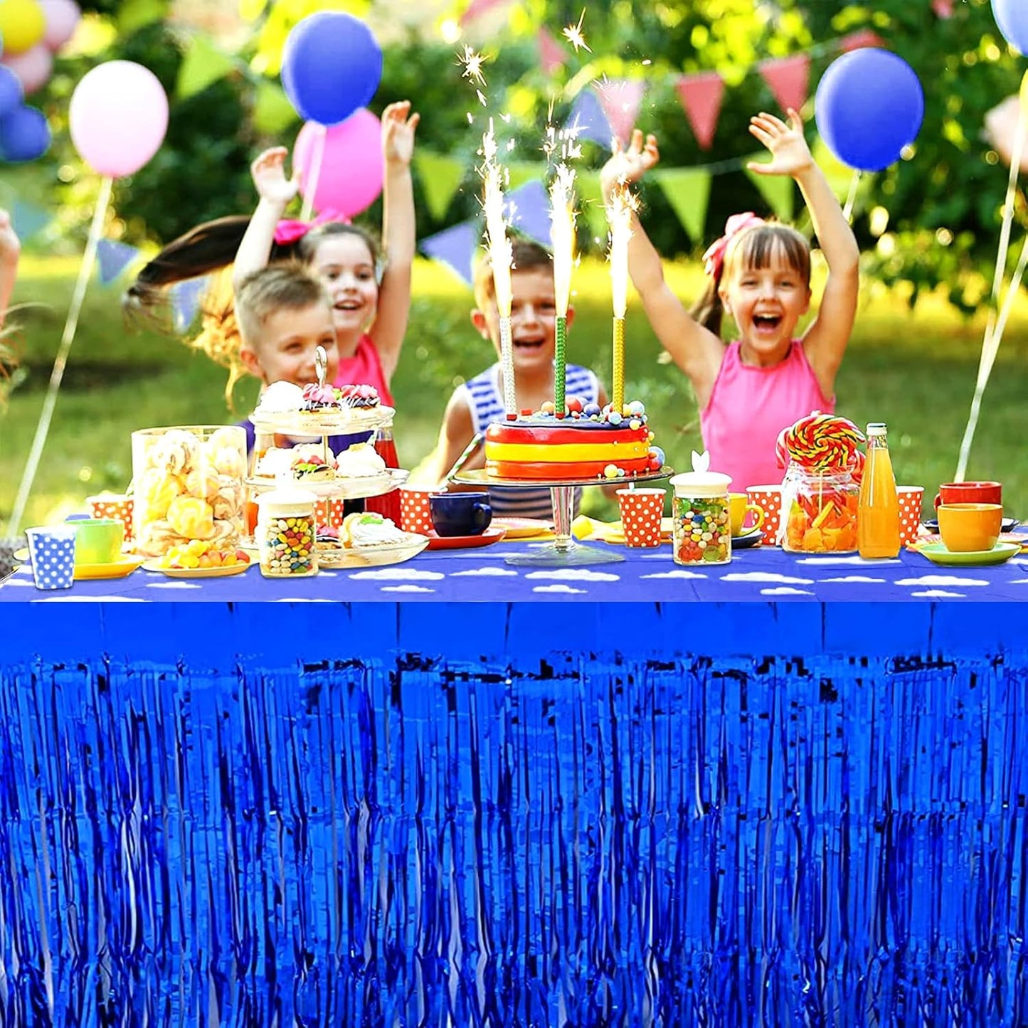 4 Pack 29x108 Inch Metallic Foil Fringe Tinsel Table Skirts for Rectangle Tables Streamer Curtains Backdrop for Wedding, Birthday, Parade Floats, Christmas, Halloween Party Decoration(Blue)