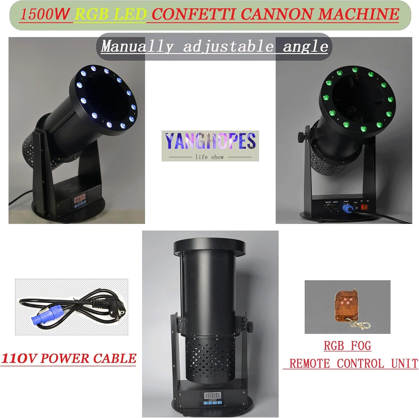 1500W Professional Confetti Machine RGB 12LEDs Cannon Machine Electric Confetti Launcher Confetti Tubes W/Wireless Remote & DMX, for Special Event, Parties, Club, Wedding, Concerts