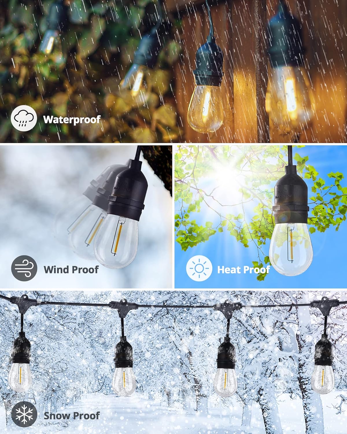 52FT Outdoor LED String Lights Shatterproof UL Listed 2FT Spacing with 26 Plastic Bulbs, Commercial Grade Hanging Lights String 24 Sockets, Decorative Patio Lights for Backyard Garden Party Bistro