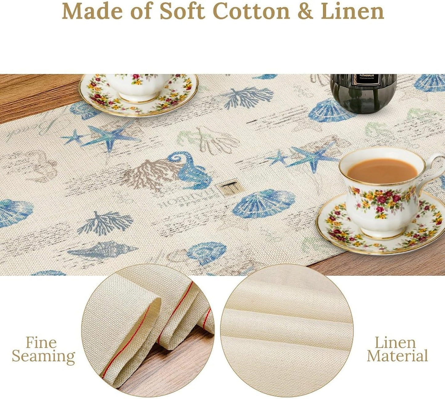 Starfish Table Runner,Vintage Nautical Seashell Tropical Beach Theme Coastal Ocean Sea Burlap for Hotel Indoors Outdoor Dining Room Kitchen Tablecloth, 13x60in