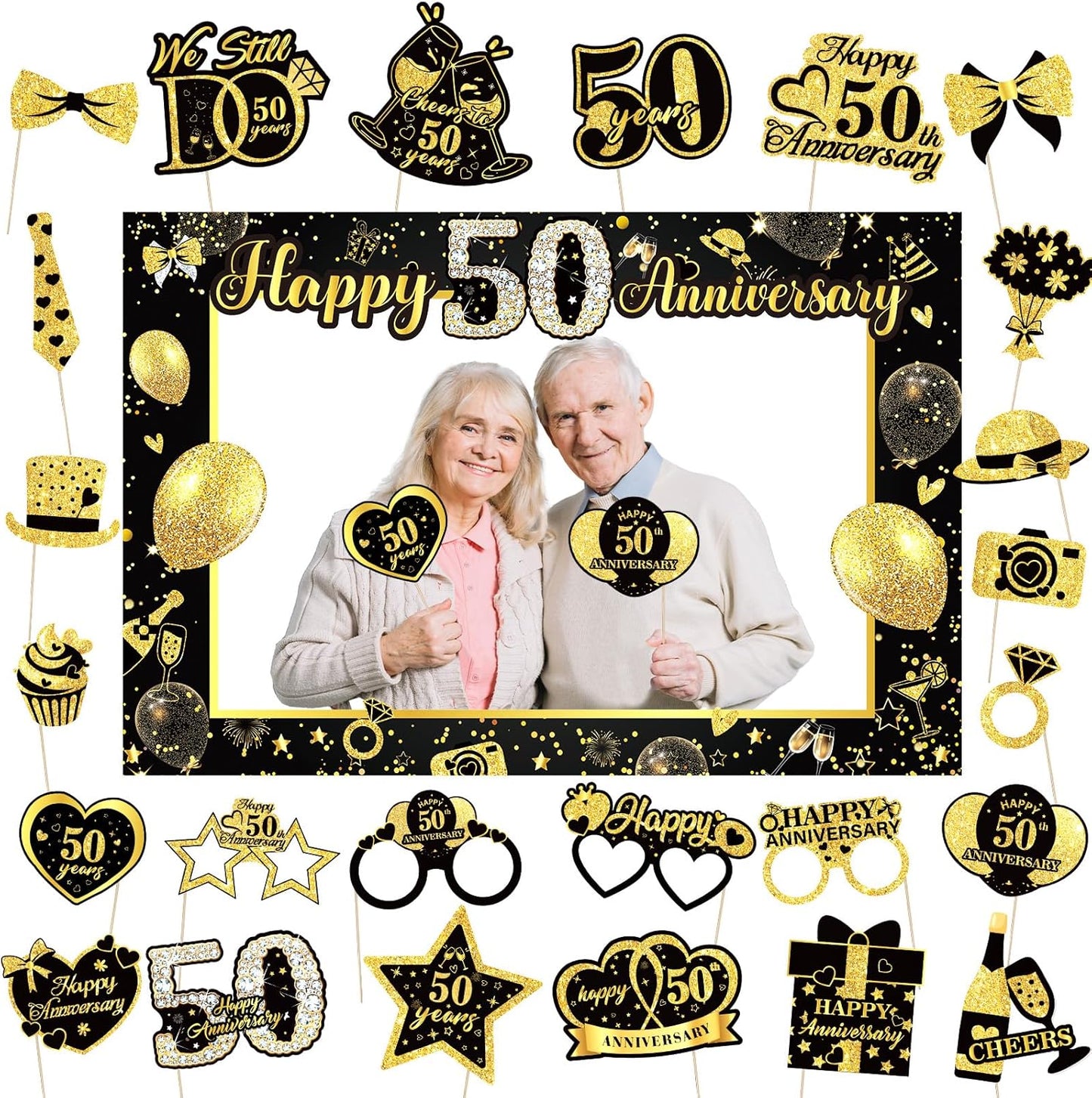50th Wedding Anniversary Decorations Black Gold 50th Wedding Anniversary Party Photo Booth Props and Selfie Frame Silver Happy 50 Years Anniversaries Party Supplies for Women Men Cheers to 50 Years