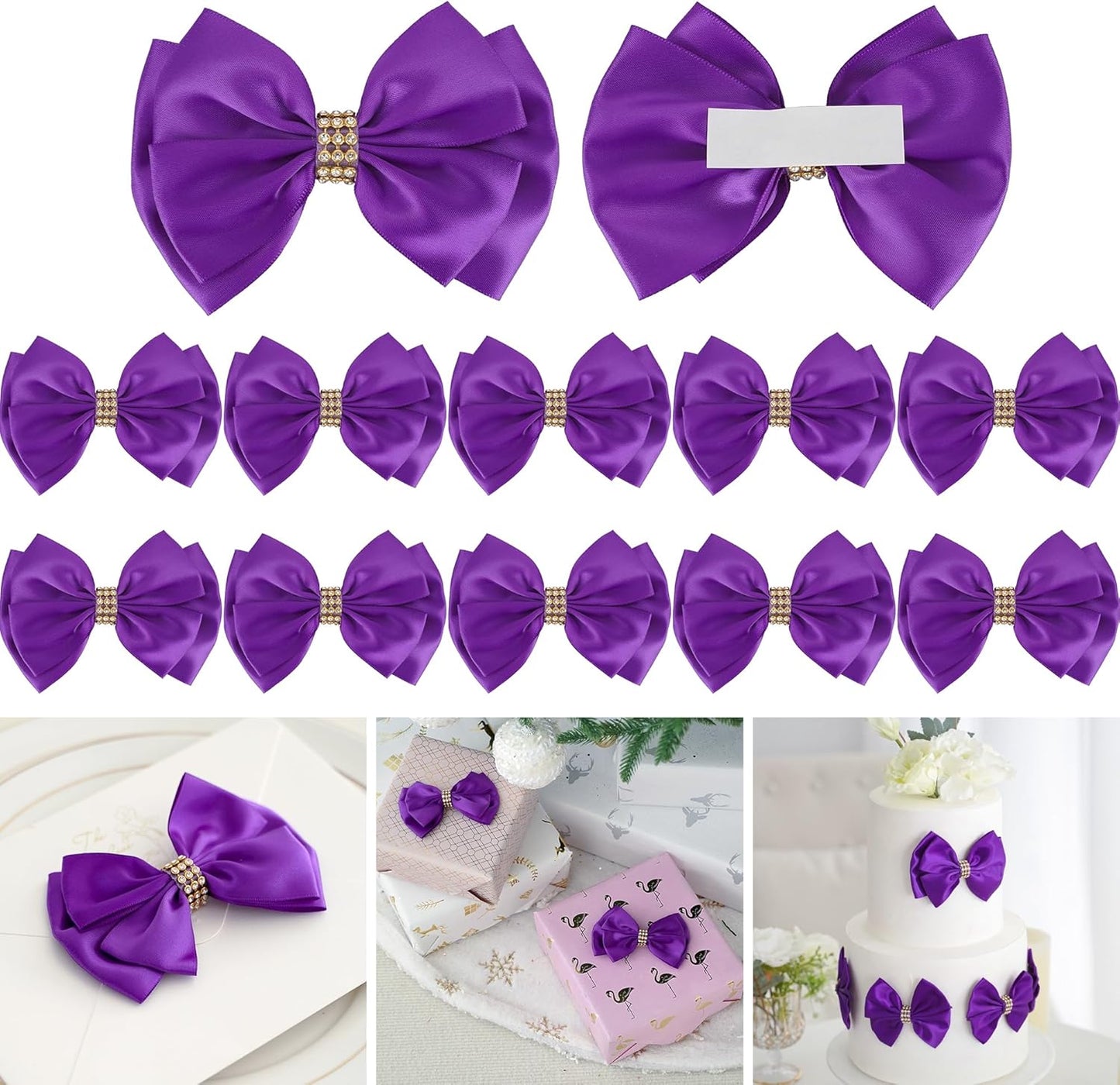 Purple Ribbon Bow 4'' Premade Satin Bow, Purple Gift Bows with Rhinestone, Wrapping Bows for Presents, Greeting Cards, Treat Bags, Wine Bottles, Valentines Bows for Gift Wrapping-12 Counts