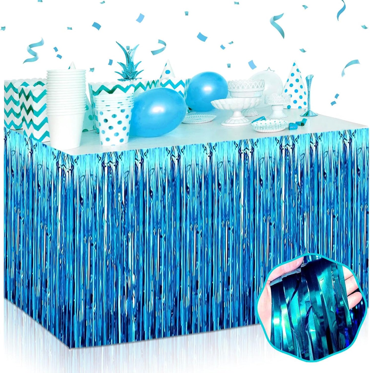 3 Pack 29 x108 Inch Lake Blue Foil Fringe Table Skirts Metallic Banner for Tinsel Streamer Garland Backdrop for Parade Floats Wedding Thanksgiving Birthday Christmas New Year Party Decoration
