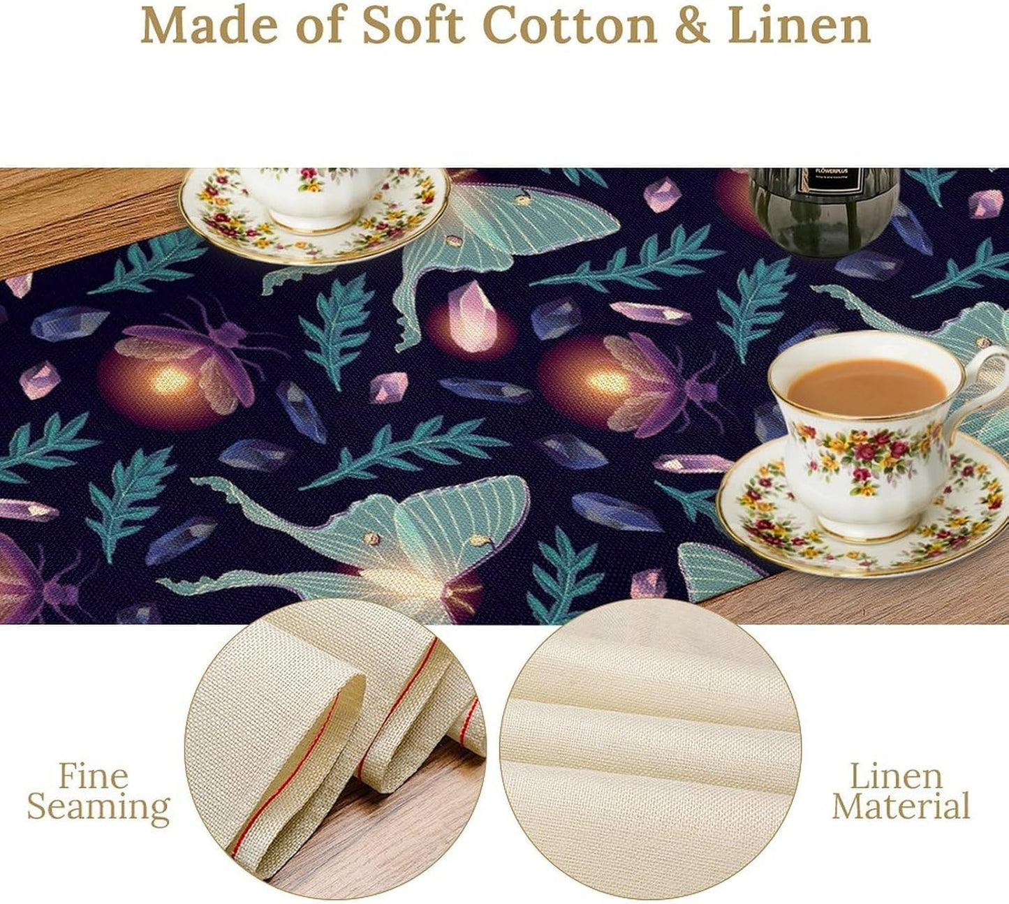 Moth Table Runner, Retro Boho Aesthetic Blue Moth Magic Table Runner for Home Kitchen Dining Party Indoor Outdoor Decoration 13x36 Inch