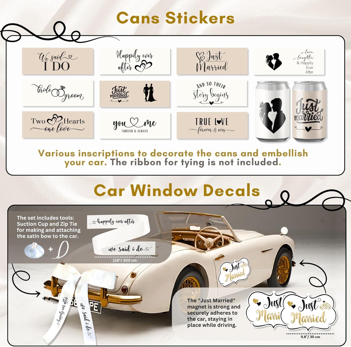 33 Pc Just Married Car Decorations – Wedding Reception & Ceremony Decor – Banners, Stickers & Balloons – Elegant Reusable Wedding Car Kit – Weather-Resistant & Easy to Apply – No Residue