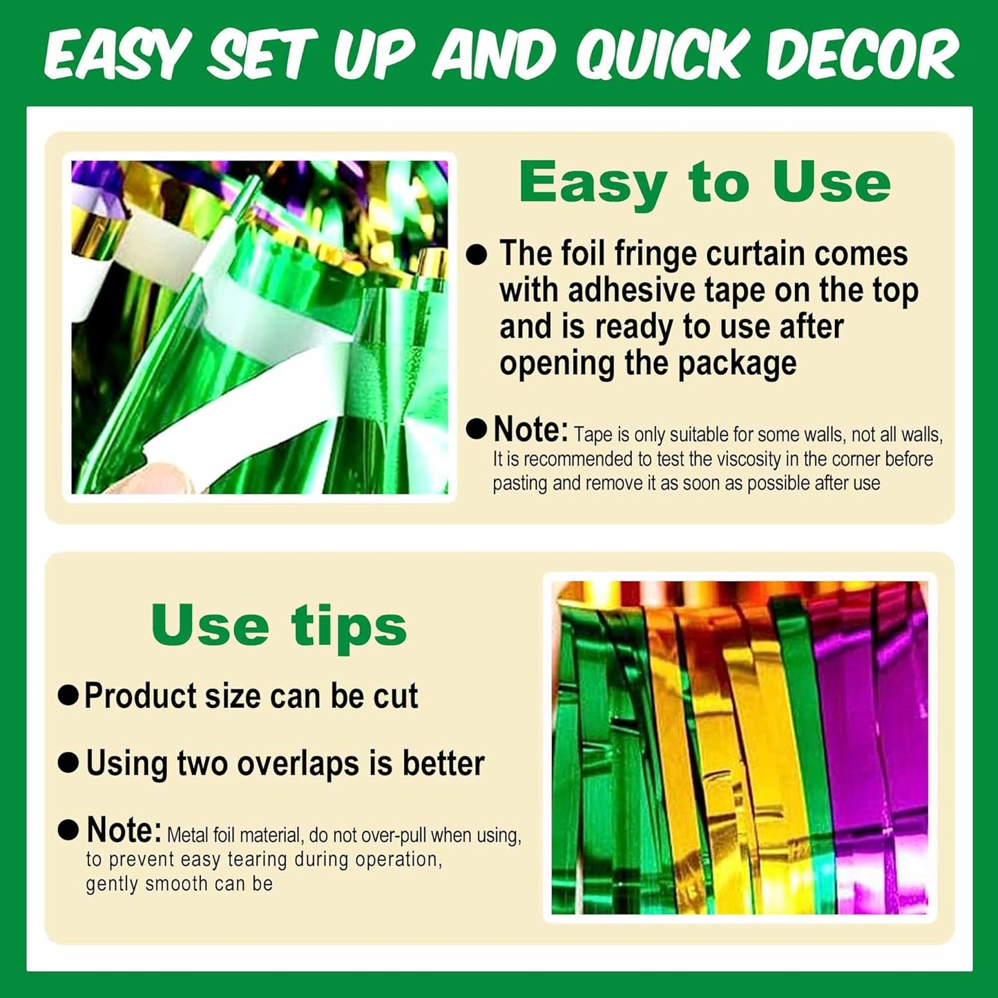 6 Pack Gold Green Purple Foil Fringe Curtains Backdrop, 3.28 x 8.2 Ft Metallic Streamers Tinsel Curtains Background for Photo Booth, Birthday, Weddings, Carnivals, Graduation, Themed Party Decorations