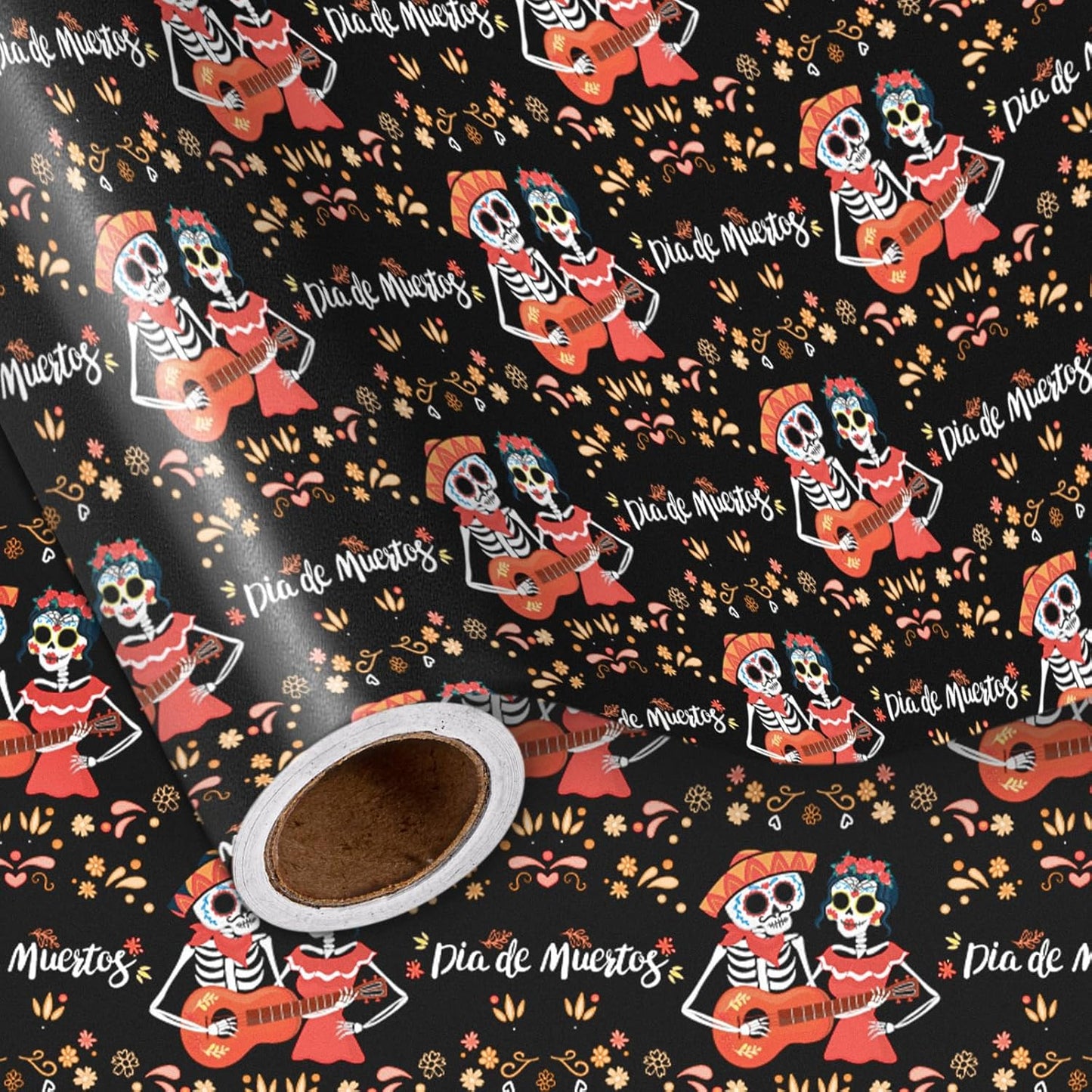LeZakaa Day of the Dead Wrapping Paper Roll, Skulls, Día de Muertos Skeleton Couple Playing Guitar Design, for Party Celebrations, Romance, Mini Roll 17 in x 16.4 Ft