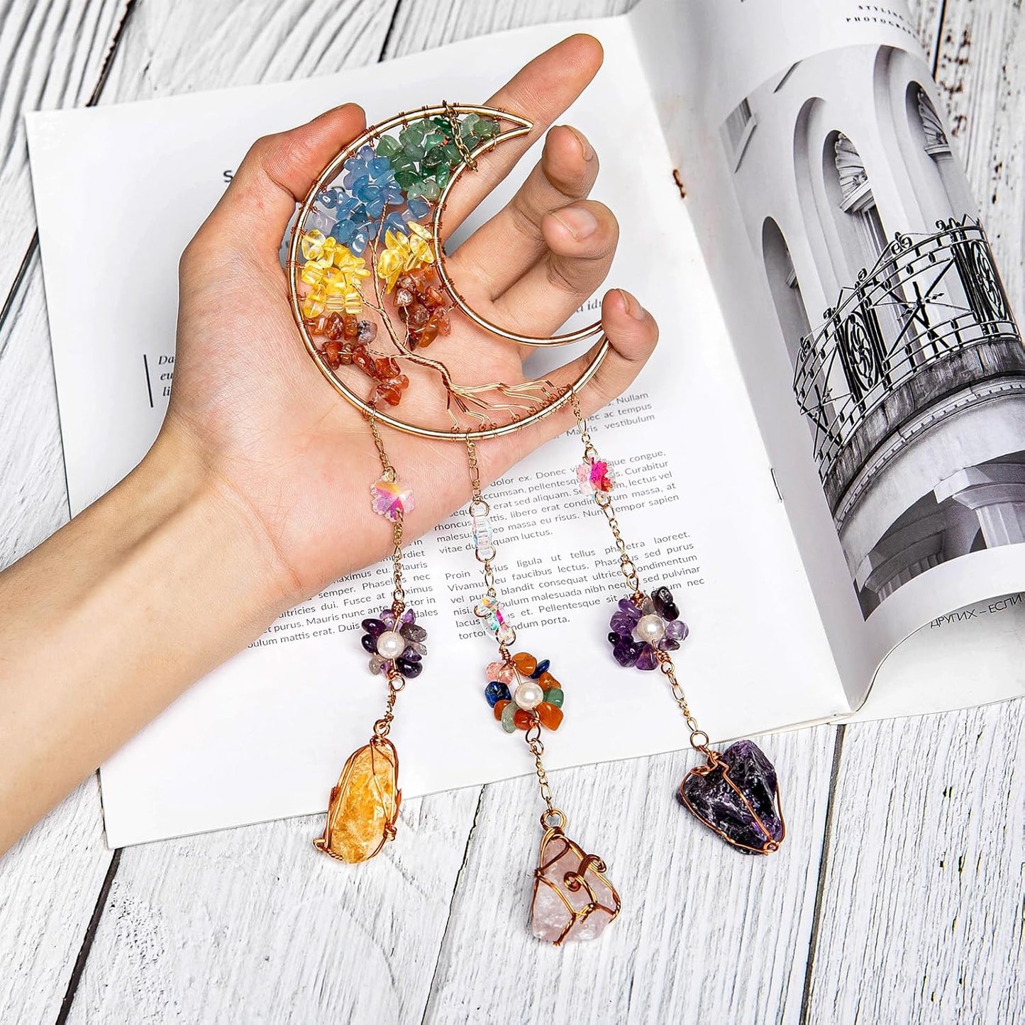 TUOKING Colorful Crystal Moon Suncatchers for Window Hanging Tree of Life Natural Healing Stones Wind Chimes Sun Catcher Rainbow Maker Good Luck Gifts Decor for Home Garden