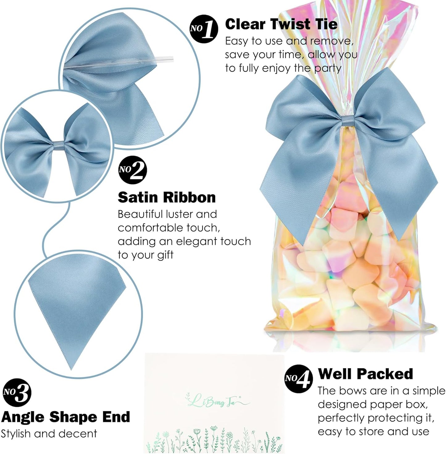 5'' Dusty Blue Bow Party Decorations Satin Bows, Twist Tie Bows for Treat Bags, Cake Pops, Pre-tied Bow Premade Ribbon Bows for Crafts, Holiday Bows for Gift Wrapping, Wedding Decor-24 Counts