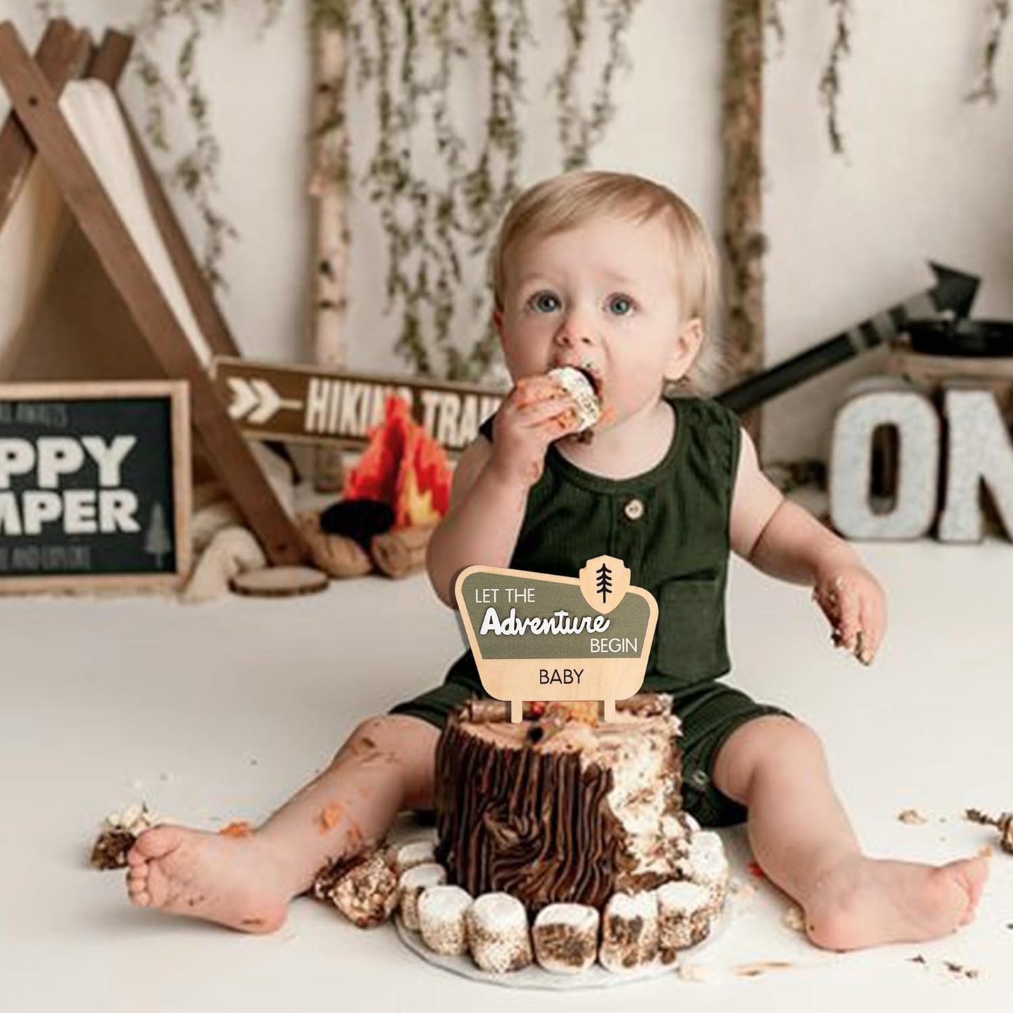 Let The Adventure Begin Baby Shower Cake Topper - Happy Camper Wooden Cake Topper,Natural Adventure Themed Decor,Baby Shower Decorations