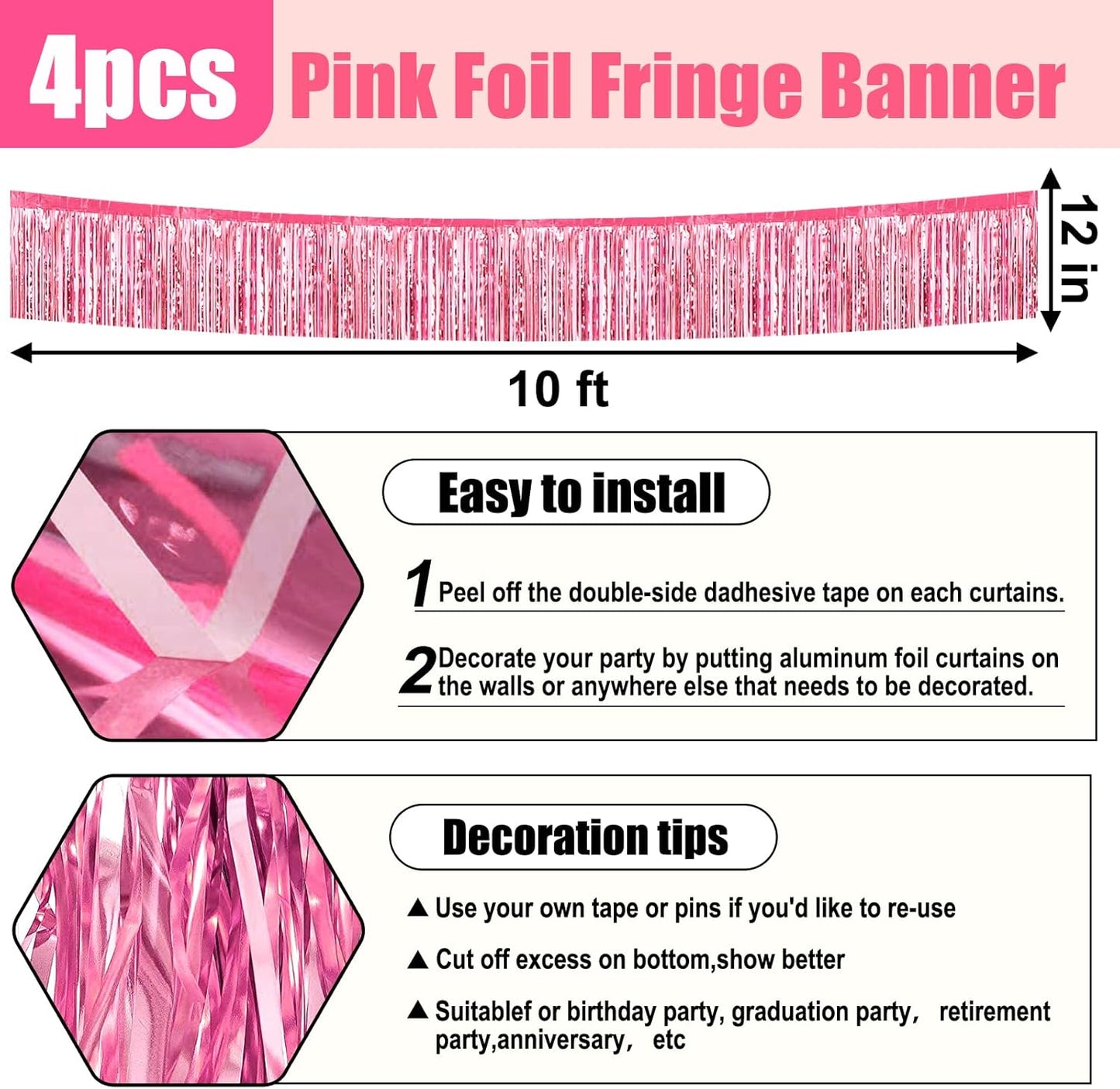 4 Pack 10 Feet Pink Foil Fringe Garland Metallic Tinsel Streamers Banner Wall Hanging Curtain Backdrop for Parade Floats, Wedding, Graduate, Mother's Day, Birthday Party Decoration