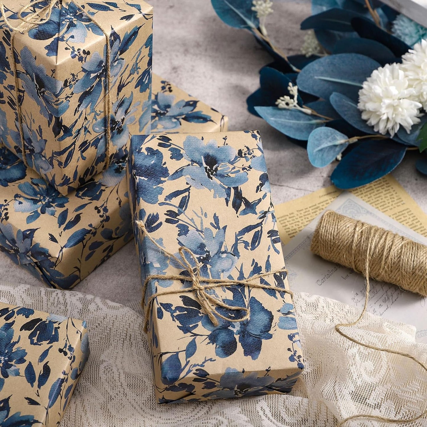 RUSPEPA Blue Floral Gift Wrapping Paper, Indigo Gift Wrap, Watercolor Flower Kraft Paper Roll, Mini Roll Wrapping Paper for Girls, Women, Spring and Birthday, 17 in x 32.8 ft