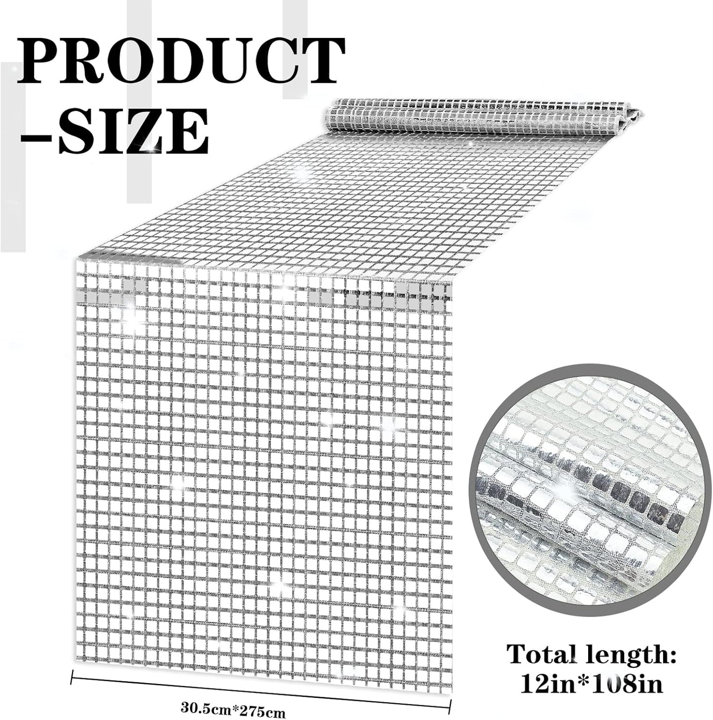 12 x 108 Inches Glitter Disco Table Runner - Retro 70s 80s Theme Decor - Silver Sequin - Bachelorette & Wedding Party Supplies