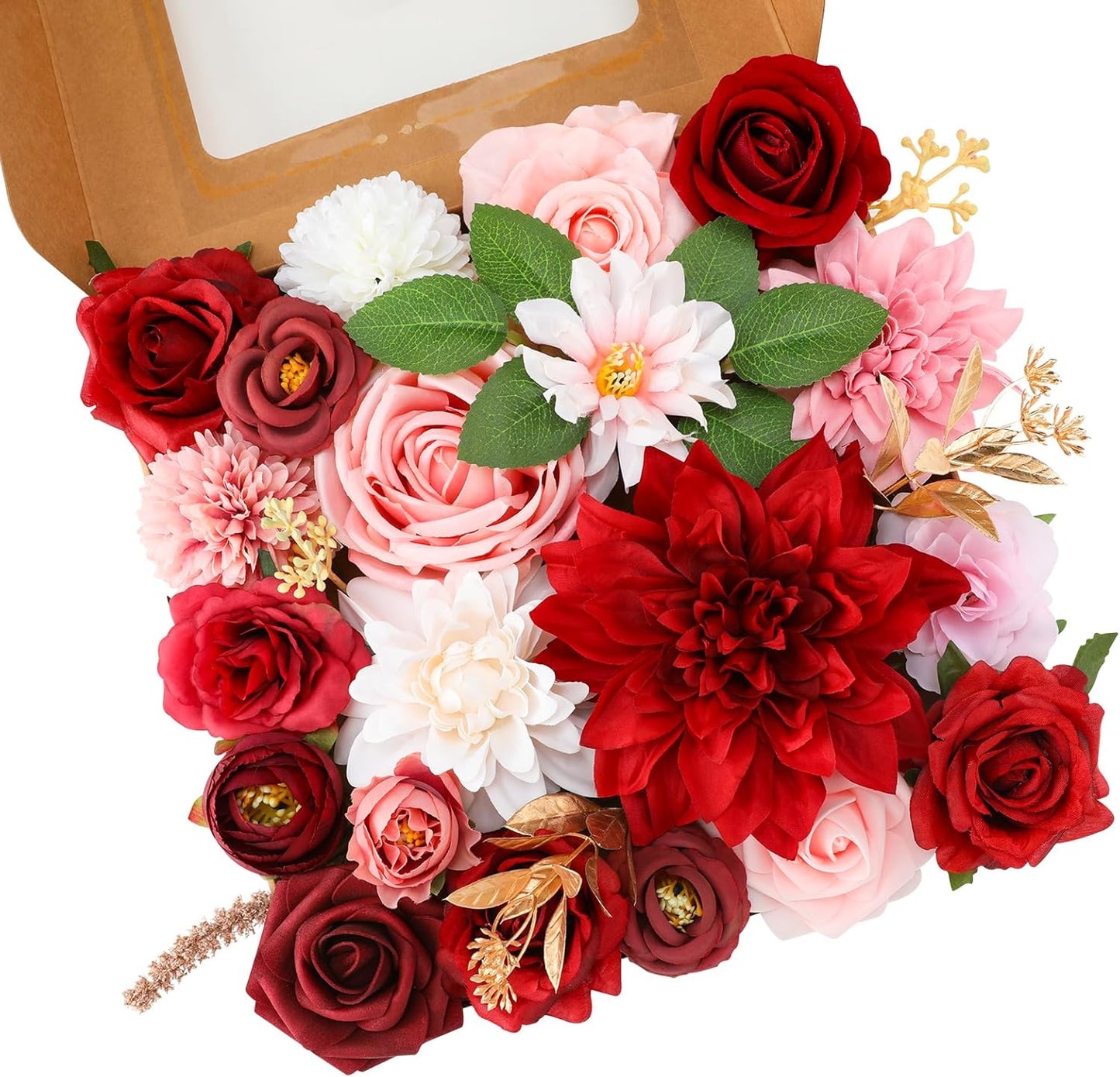 Floweroyal Artificial Flowers Combo Red Flowers Mix Silk Flowers Dahlia Roses with Stems for DIY Wedding Bridal Bouquets, Baby Shower, Floral Arrangement, Table Centerpieces, Home Decorations.