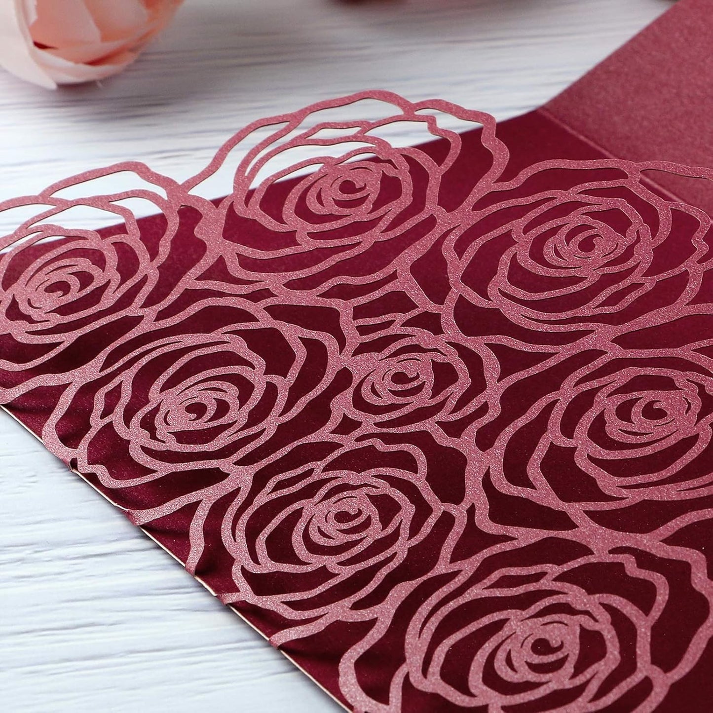20 Pcs Laser Cut Wedding Invitations Card Pocket with Envelope for Birthday Party Baby or Bride Shower Invite suitable for 5 * 7 Inches Insert Paper (Burgundy)