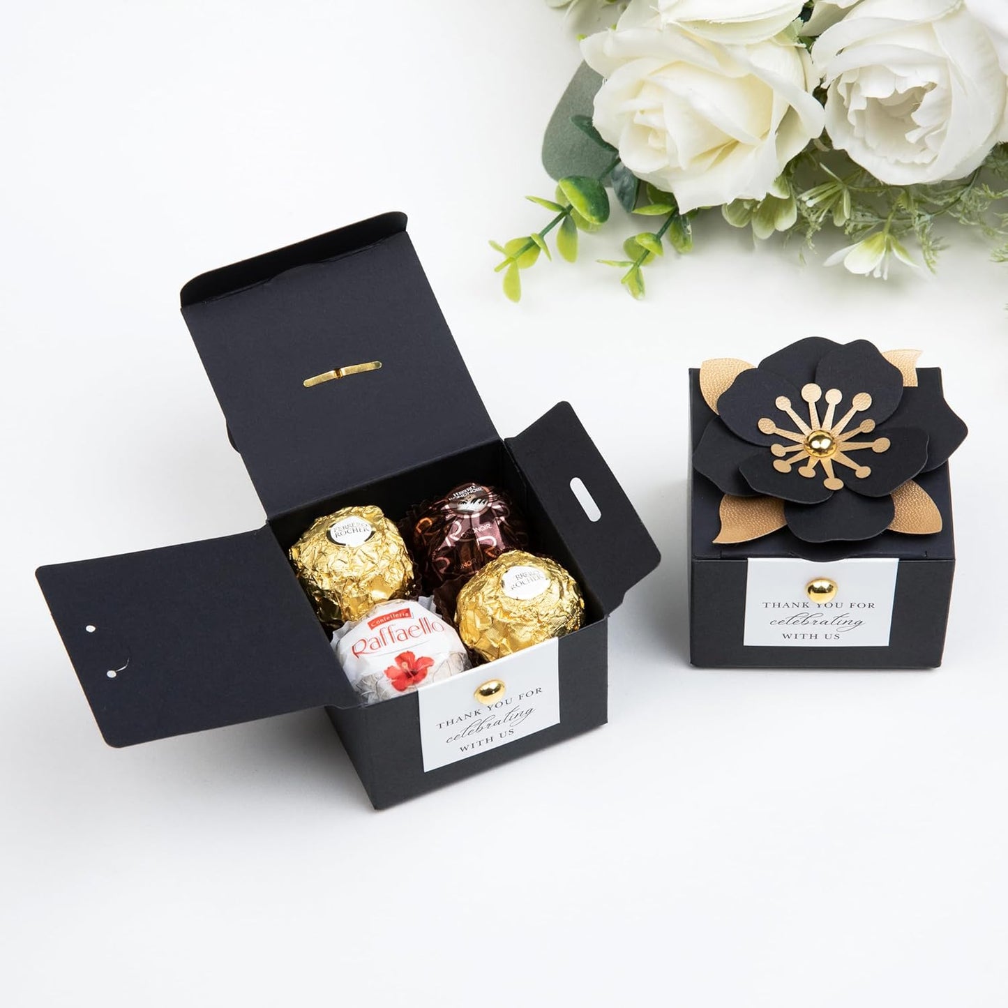 FEIYI 20 PCS Candy Boxes, 3 In 1 Black Favor Boxes with Floral Decor, White Thank You Tags Gift wrapping for Wedding Birthday Baby Shower Decorations Party -2.55x2.55x1.77''
