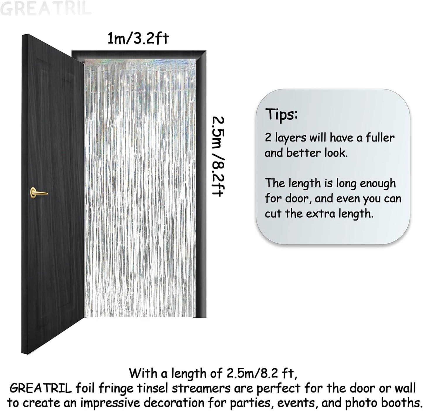 Silver Foil Fringe Tinsel Backdrop - GREATRIL Metallic Tinsel Streamers Curtains for 2026 NYE/Prom/Dancing Ball/Christmas/Bachelorette Party Decorations - Pack of 2