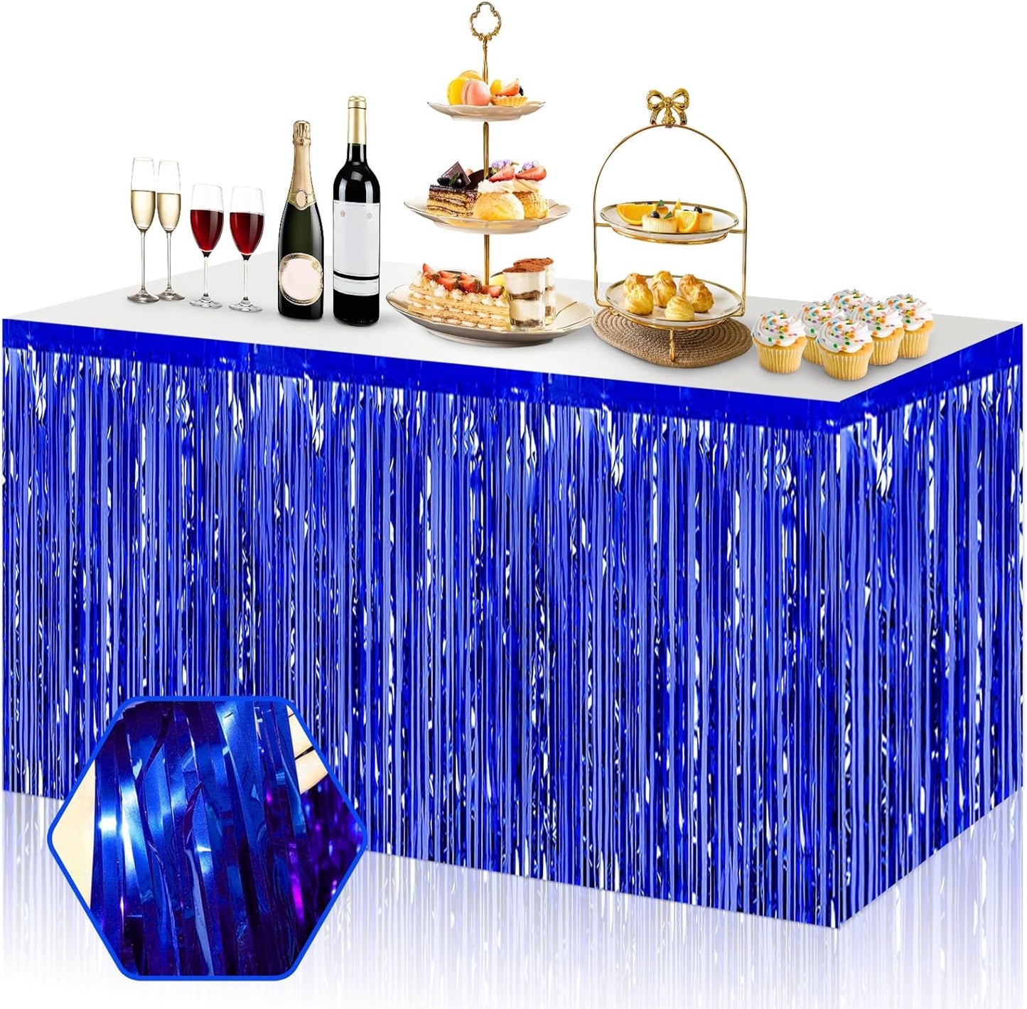 3 Pack 29x108 Inch Blue Foil Fringe Table Skirts Metallic Banner for Tinsel Streamer Garland Backdrop for Parade Floats Wedding Thanksgiving Birthday Christmas Halloween Party Decoration