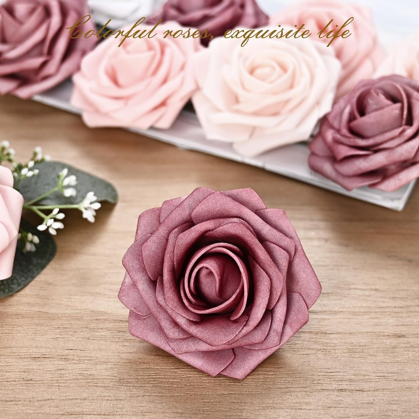 BLEUM CADE 36Pcs Artificial Flowers Fake Roses with Stems, Gradient Dusty Rose Boxed Foam Roses for DIY Bouquets Centerpieces Wedding Party Arrangement Bridal Shower Decor