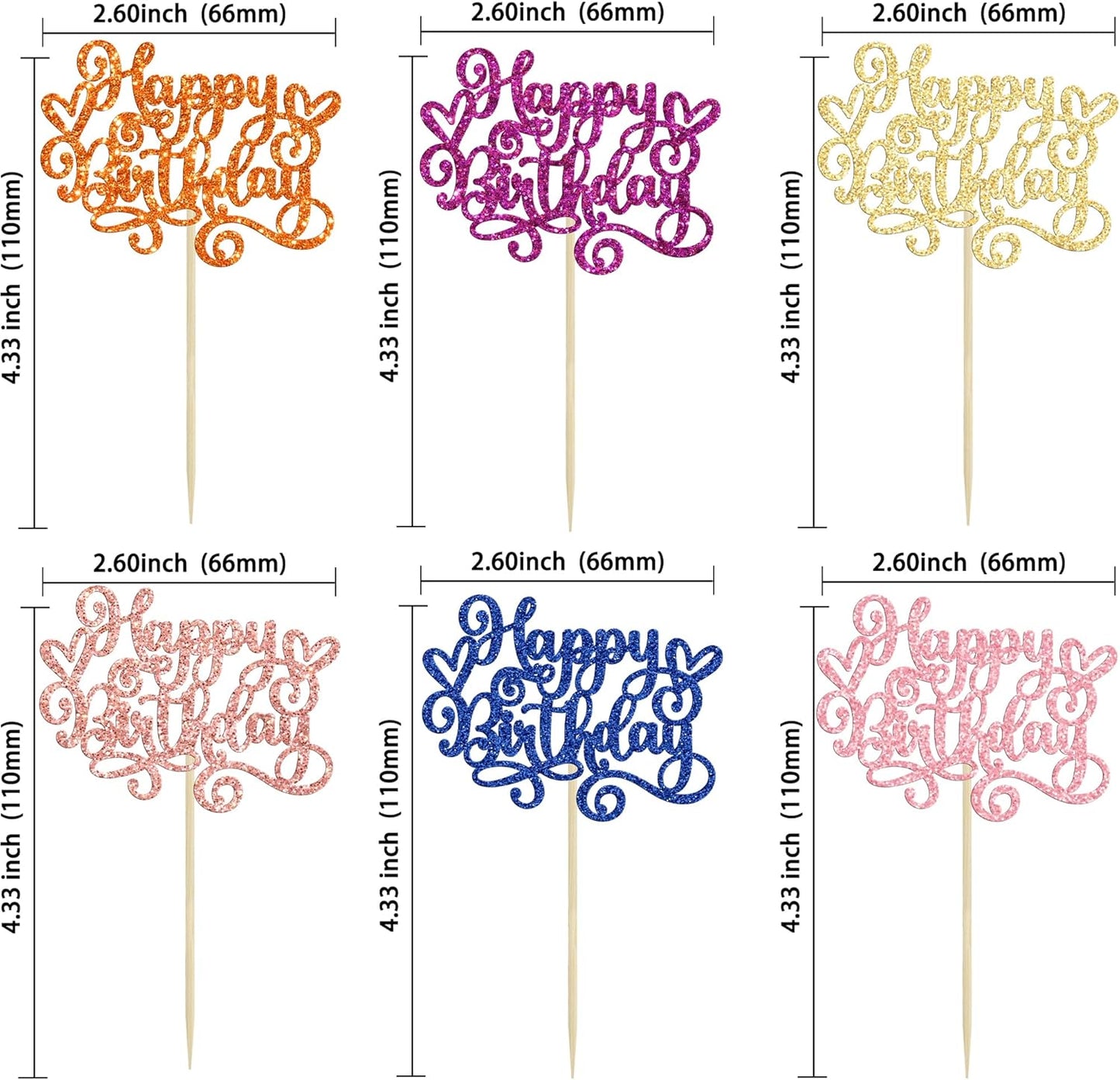 Gyufise 24Pcs Happy Birthday Cupcake Toppers Glitter Happy Birthday Cupcake Picks for Celebrating Happy Birthday Anniversary Theme Party Cake Decorations Supplies Orange Pink Blue