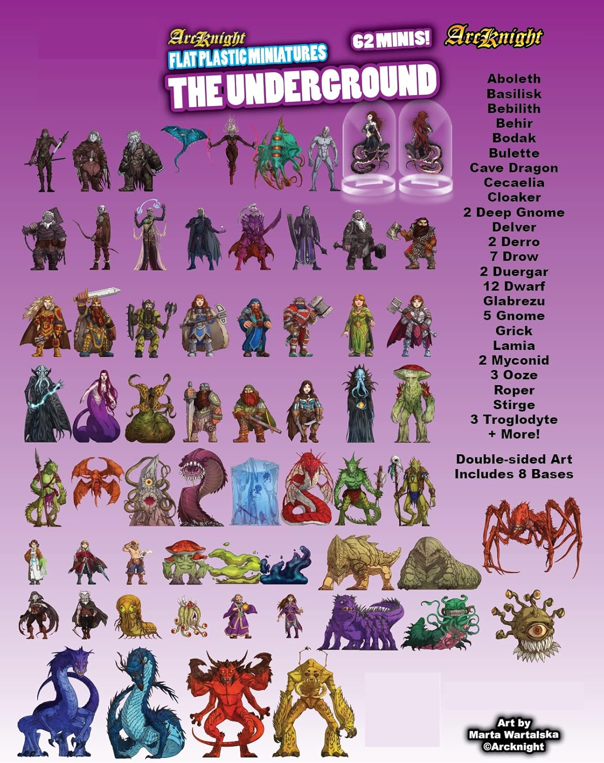 Arcknight Flat Plastic Miniatures: Underground; 62 Unique Subterranean-Themed Minis for DND 5e and Pathfinder; Affordable, Skinny Figurines for Dungeons and Dragons and Other Tabletop RPG Games