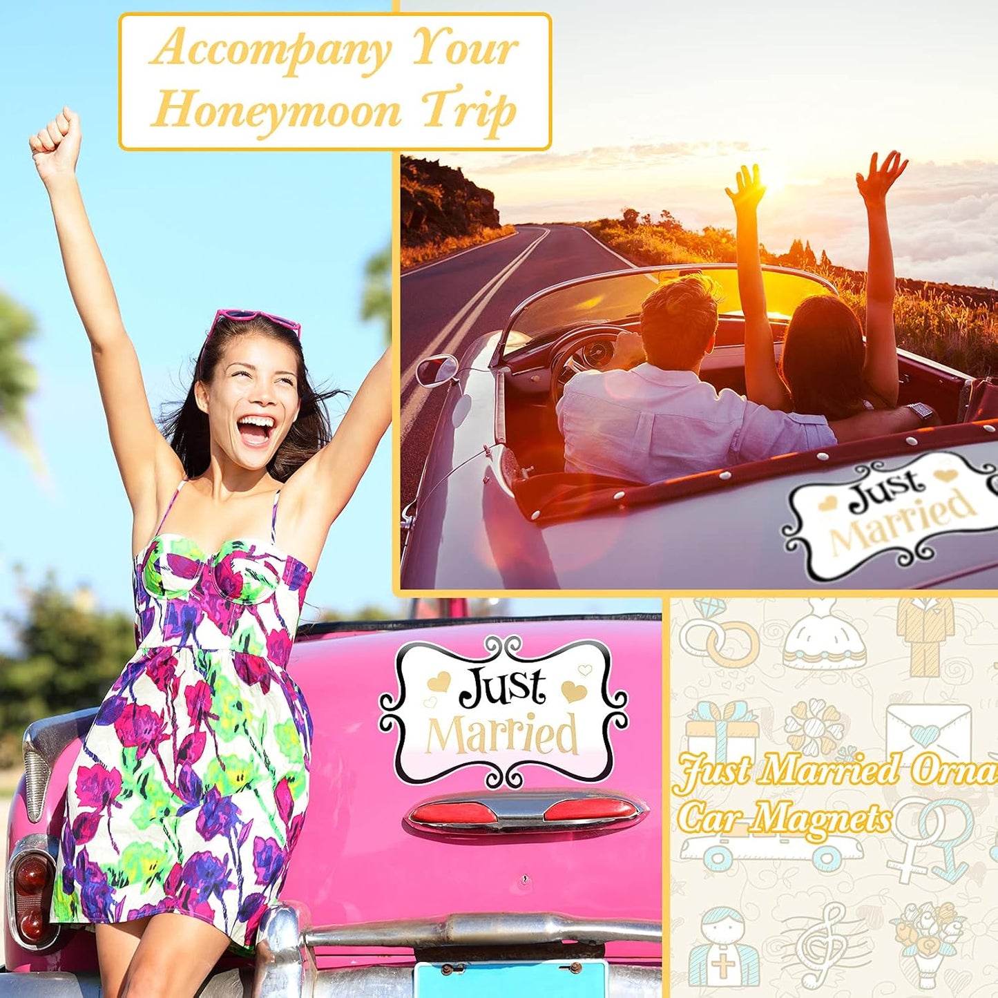 2 Pcs Large Just Married Car Decorations Just Married Car Magnets Sign Decoration 13.9 x 8.8 Inch Honeymoon Rear Tailgate Magnet Stickers for Wedding Door Panel Refrigerator(Black and Gold)