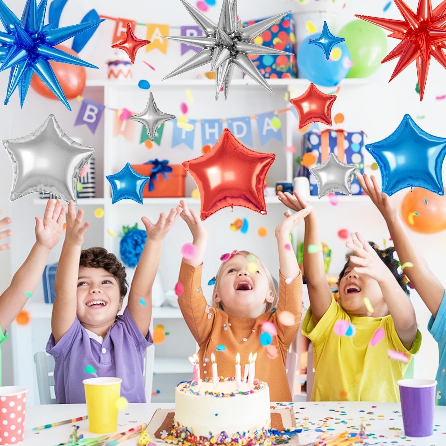 16 Pcs Red Blue Silver Star Balloons,22/18/10 Inch Foil Balloons, Four-Pointed Balloon for Kids Boy Birthday Graduation Wedding Baby Shower Party Decoration