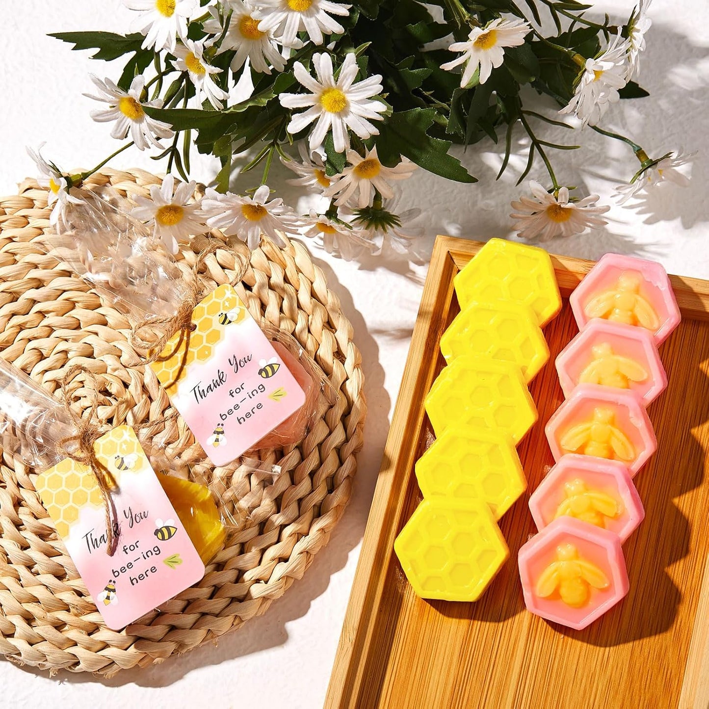 24 Set Baby Shower Favors Bee Party Favors Including Honeycomb Soap with Thank You Card Gift Honey Soap for Guest Gender Reveal Honey Gift Birthday Party Decorations (Pink,Yellow)