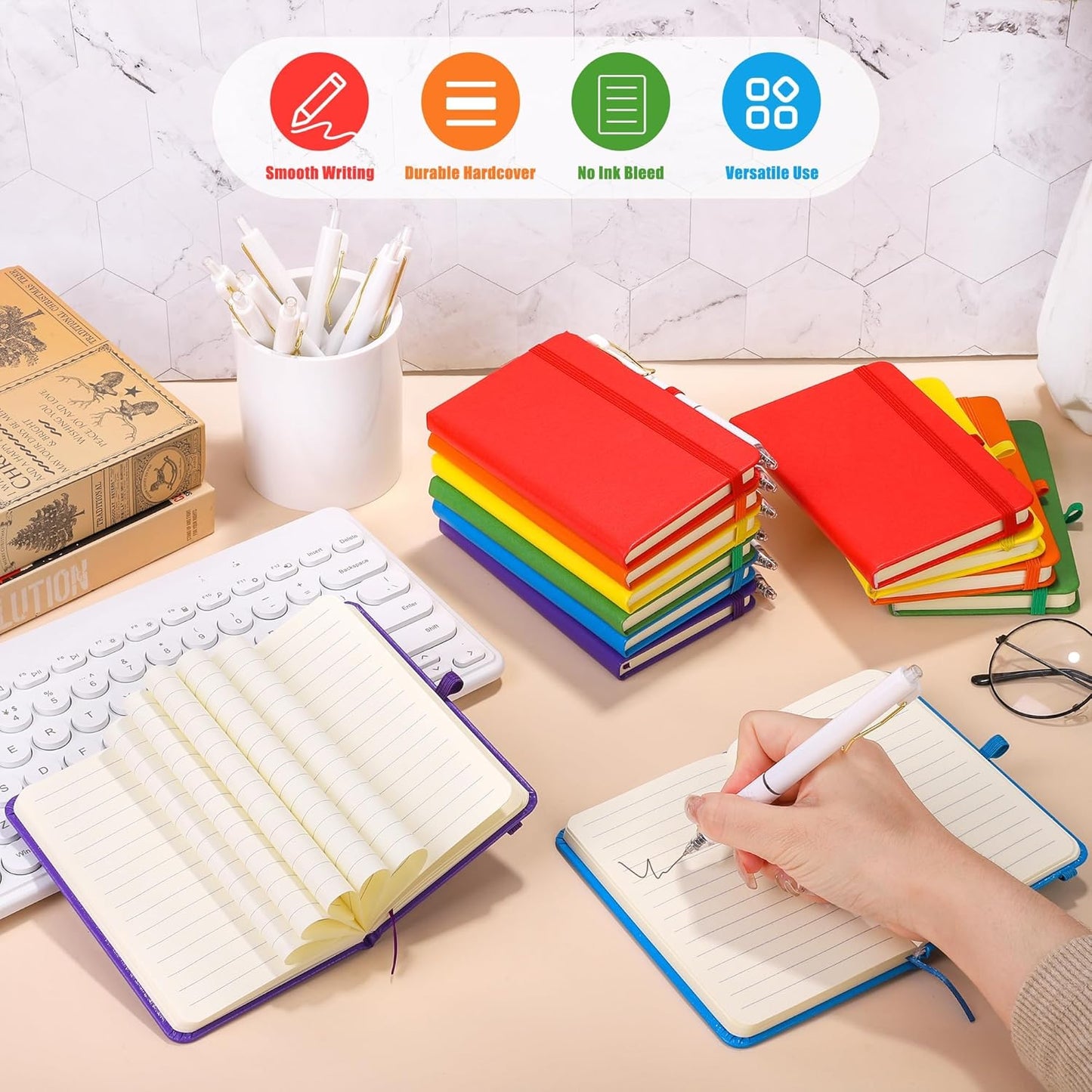 Aneco 50 Sets Pocket Notebook Journals with Pens, A6 Mini Hardcover PU Leather Lined Notebooks 3.5 x 5.5 Inch College Ruled Notepad With Pen Holder for Office School Supplies, Rainbow Color