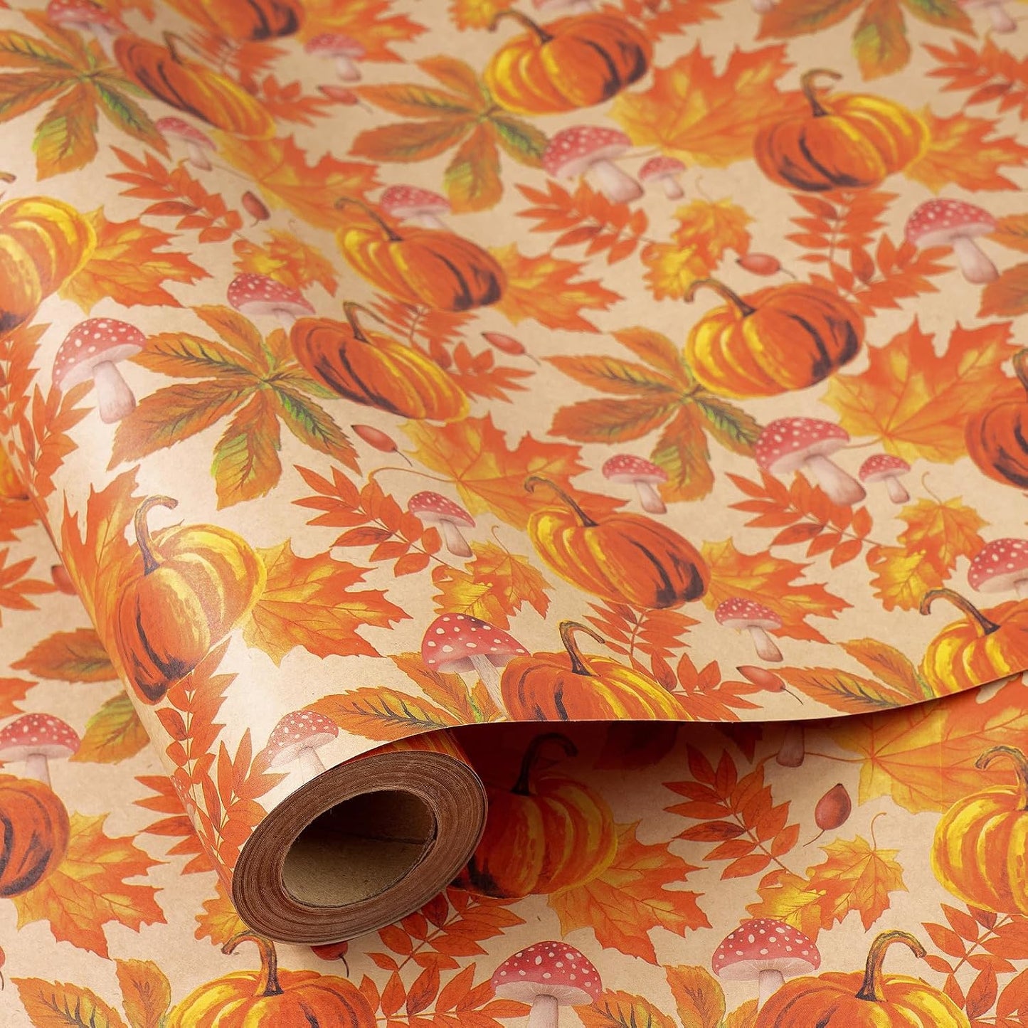 RUSPEPA Fall Wrapping Paper Roll, Mini Roll, Watercolor Pumpkin, Autumn Leaf and Mushroom Design, Autumn Kraft Gift Wrap Paper for Thanksgiving, Fall Party, Harvest, 17 Inches x 16.4 Feet