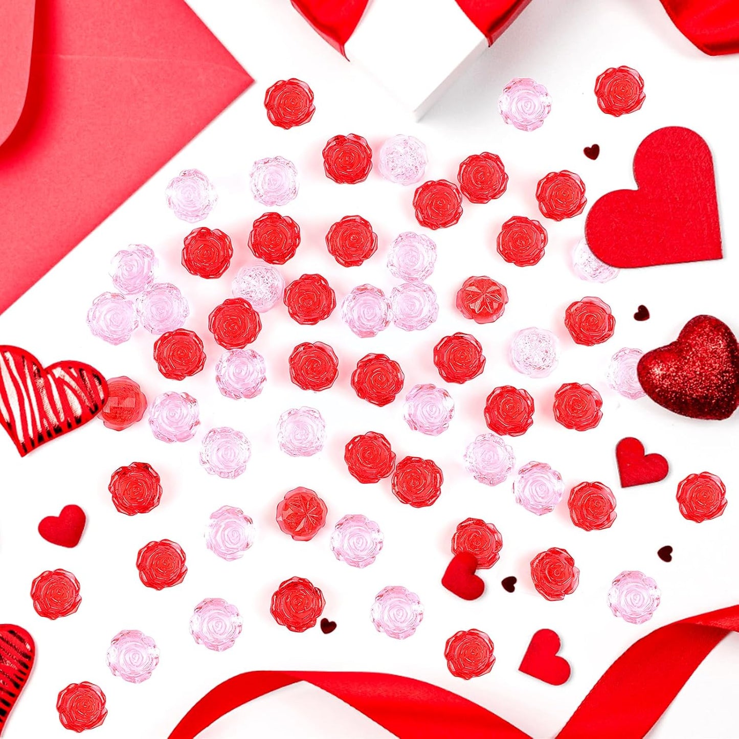 Fangoo 210PCS Red Pink Acrylic Rose Ornaments Mini Acrylic Rose Gems for Valentine Vase Filler Decor for Table Scatter Engagement Valentine's Day Wedding Anniversary Party (RedPink-Rose, 12OZ)