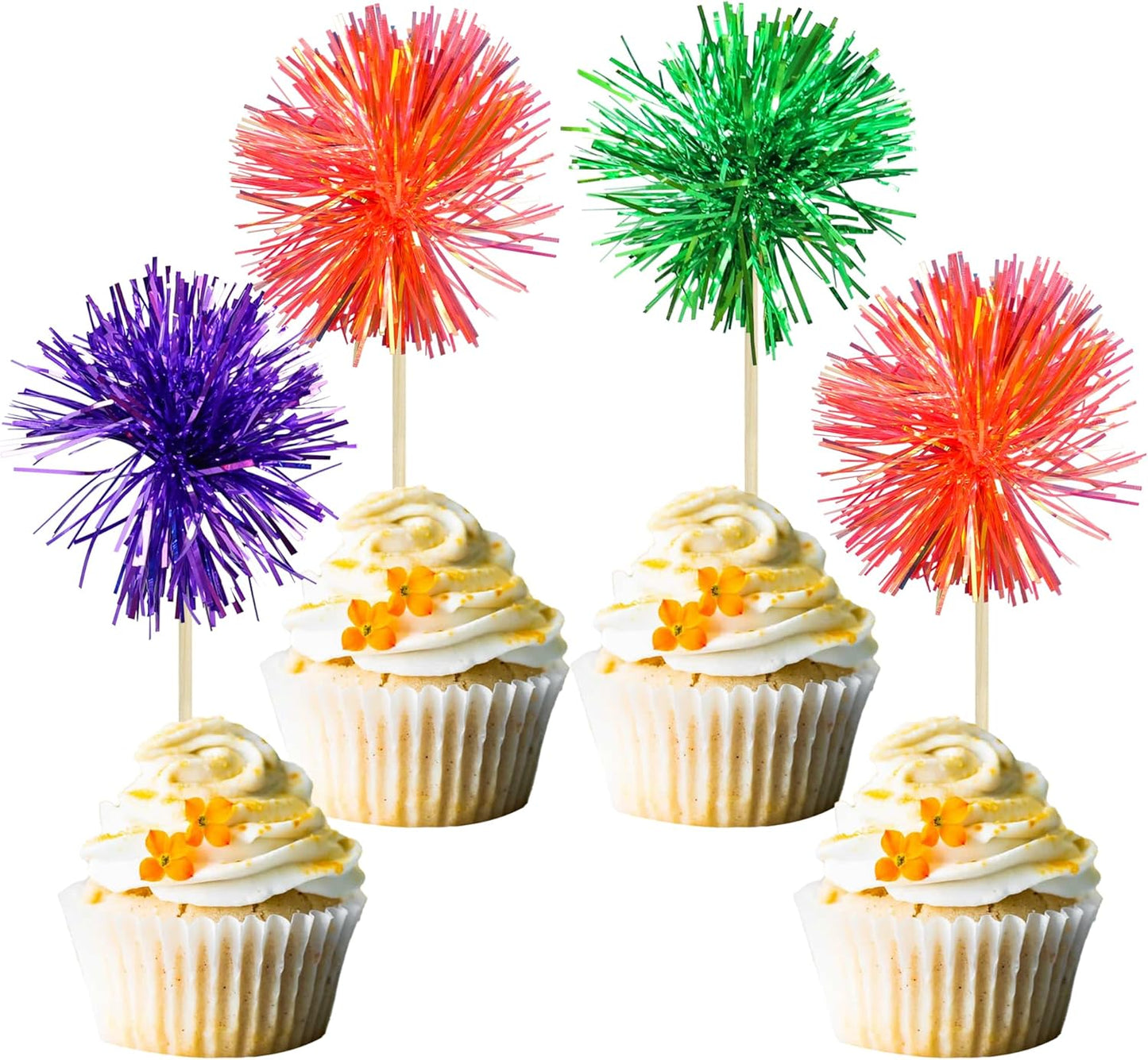 Gyufise 30Pcs Foil Firework Cupcake Toppers Sparkle Tinsel Cake Toppers Tinsel Drink Cake Decoration Cocktail Picks for Halloween Birthday Wedding Graduation Party Supplies Purple Green Orange