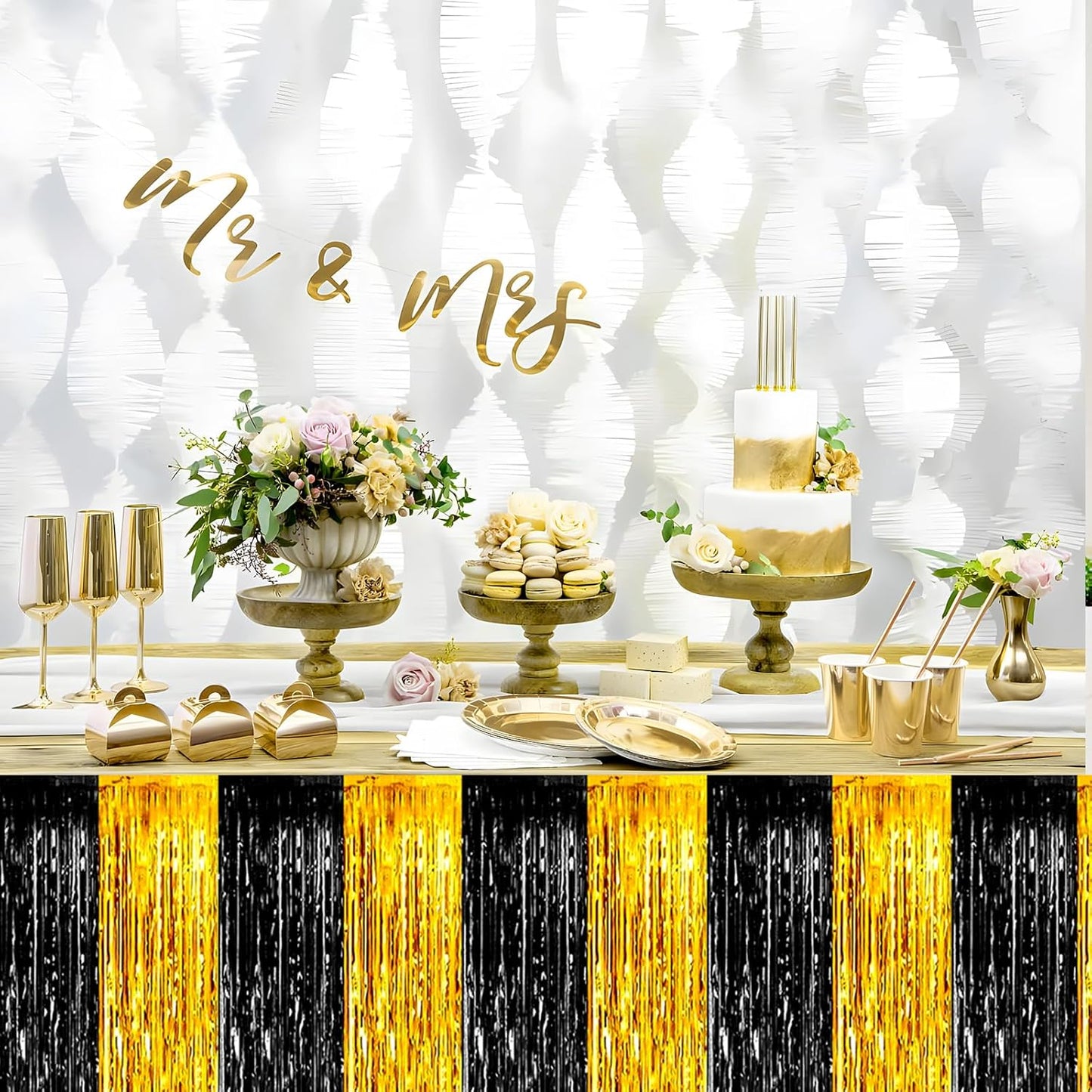 3 Pack 29x108 Inch Black Gold Foil Fringe Table Skirts Metallic Banner for Tinsel Streamer Garland Backdrop for Parade Floats Wedding Thanksgiving Birthday Christmas Halloween Party Decoration