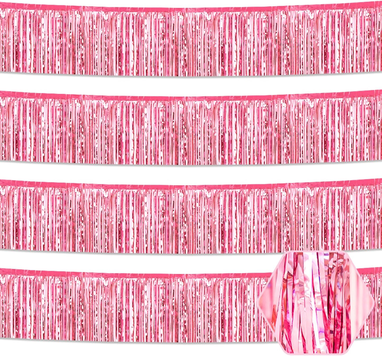 4 Pack 10 Feet Pink Foil Fringe Garland Metallic Tinsel Streamers Banner Wall Hanging Curtain Backdrop for Parade Floats, Wedding, Graduate, Mother's Day, Birthday Party Decoration
