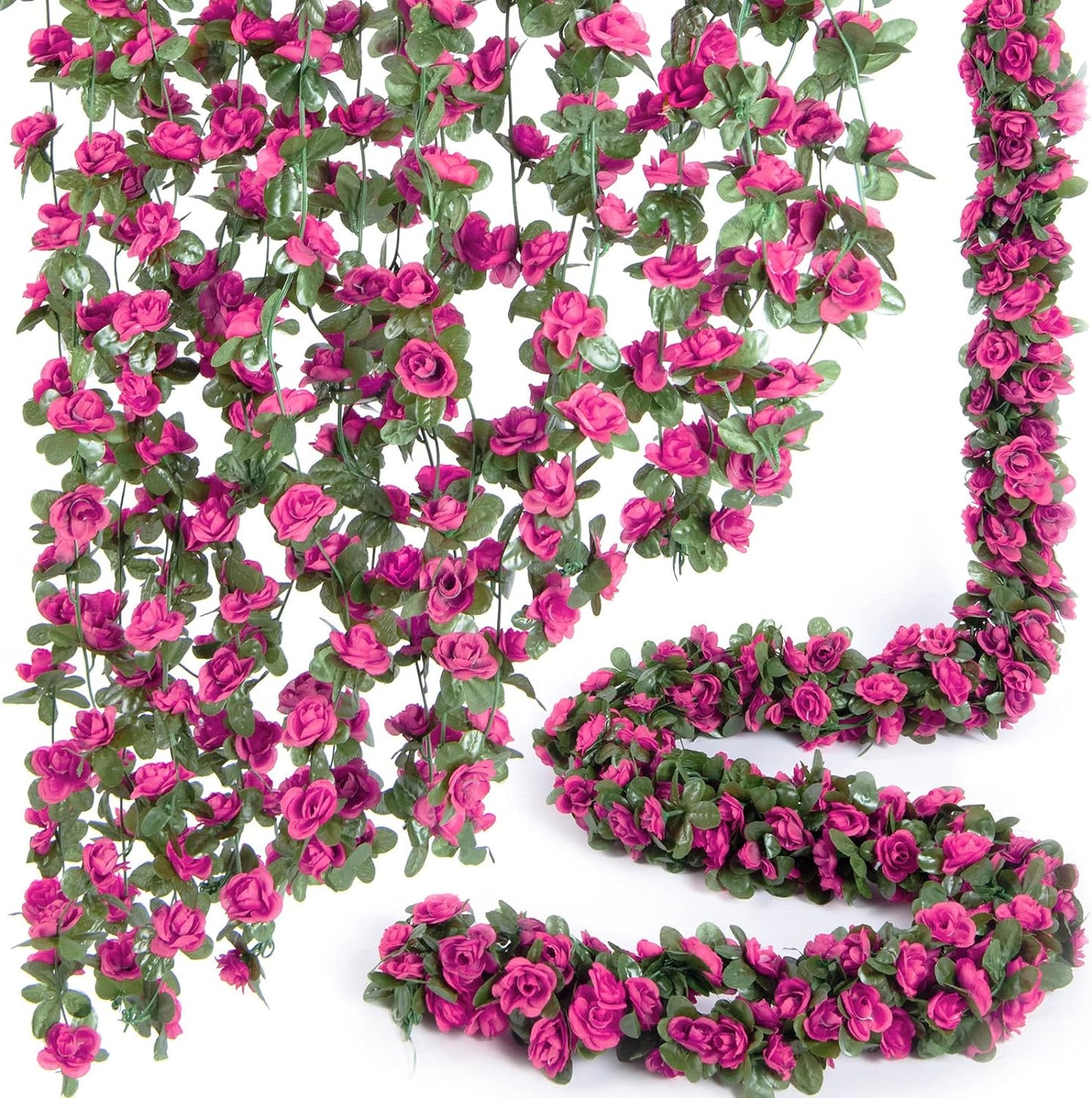 8 Pcs x 8.2 ft Flower Garland Artificial Rose Vine Flowers with Green Leaves Hanging Fake Roses Vine for Room Party Home Wedding Birthday Christmas Wall Arch Decor, Spring Magenta Flower