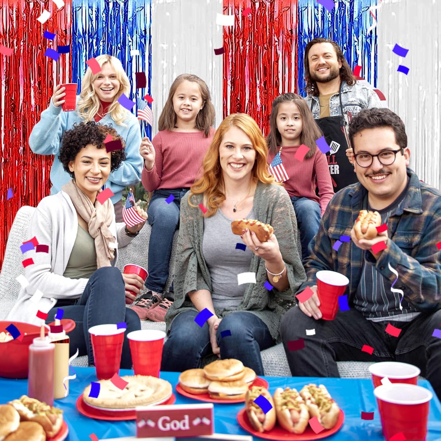 3 Pack White Blue Red Foil Fringe Curtain Backdrop, 3.28Ft x 8.2Ft Metallic Tinsel Foil Fringe Streamer Curtains for Photo Booth, Mother's Day, Easter, Birthday, Wedding Party Decorations