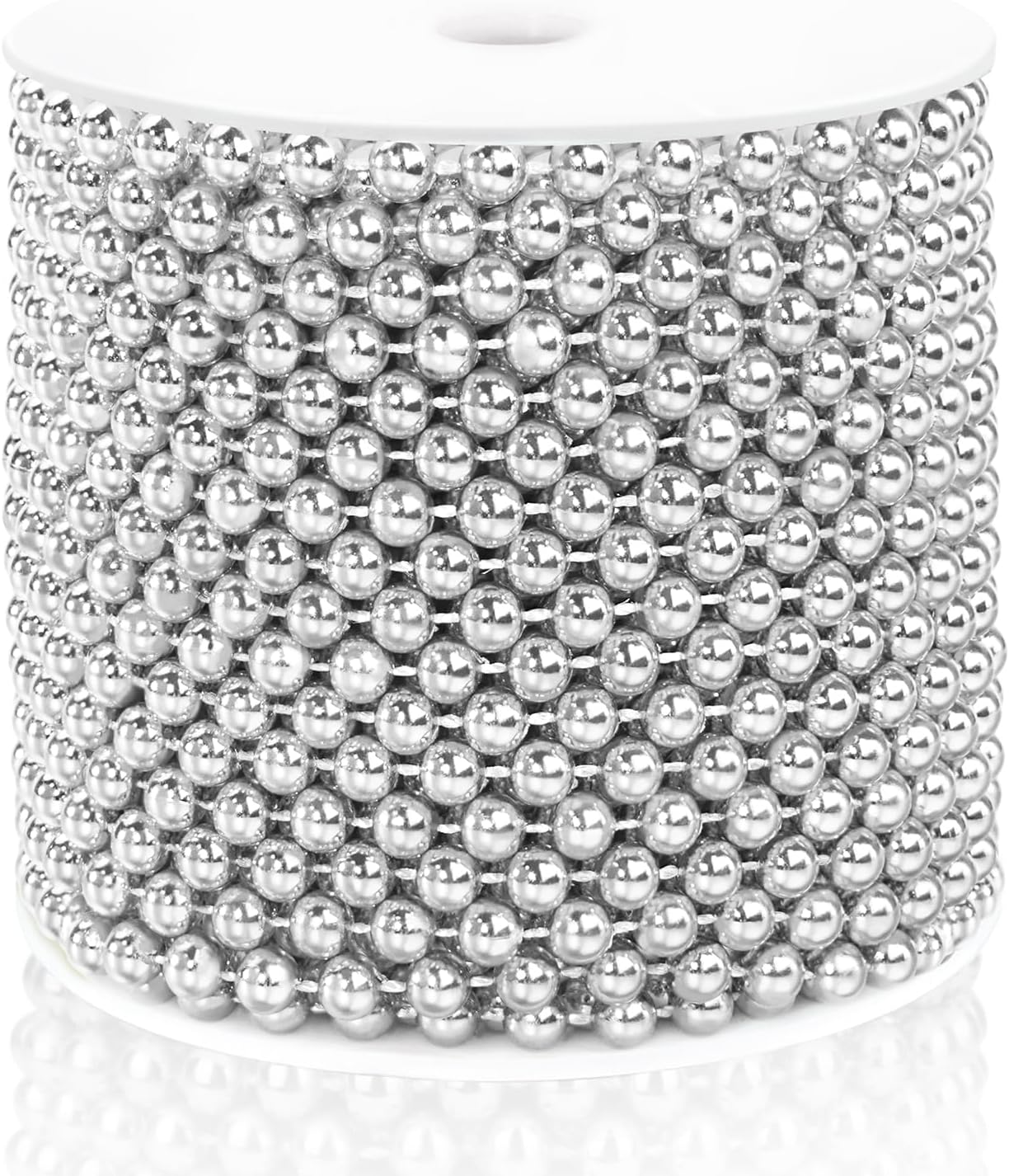 Craft String Pearls 6MM Pearl Bead, 66 Feet Silver Faux Pearl Garland Spool Roll Strand Wedding Party Decoration, Christmas Tree Decorations