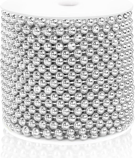 Craft String Pearls 6MM Pearl Bead, 66 Feet Silver Faux Pearl Garland Spool Roll Strand Wedding Party Decoration, Christmas Tree Decorations