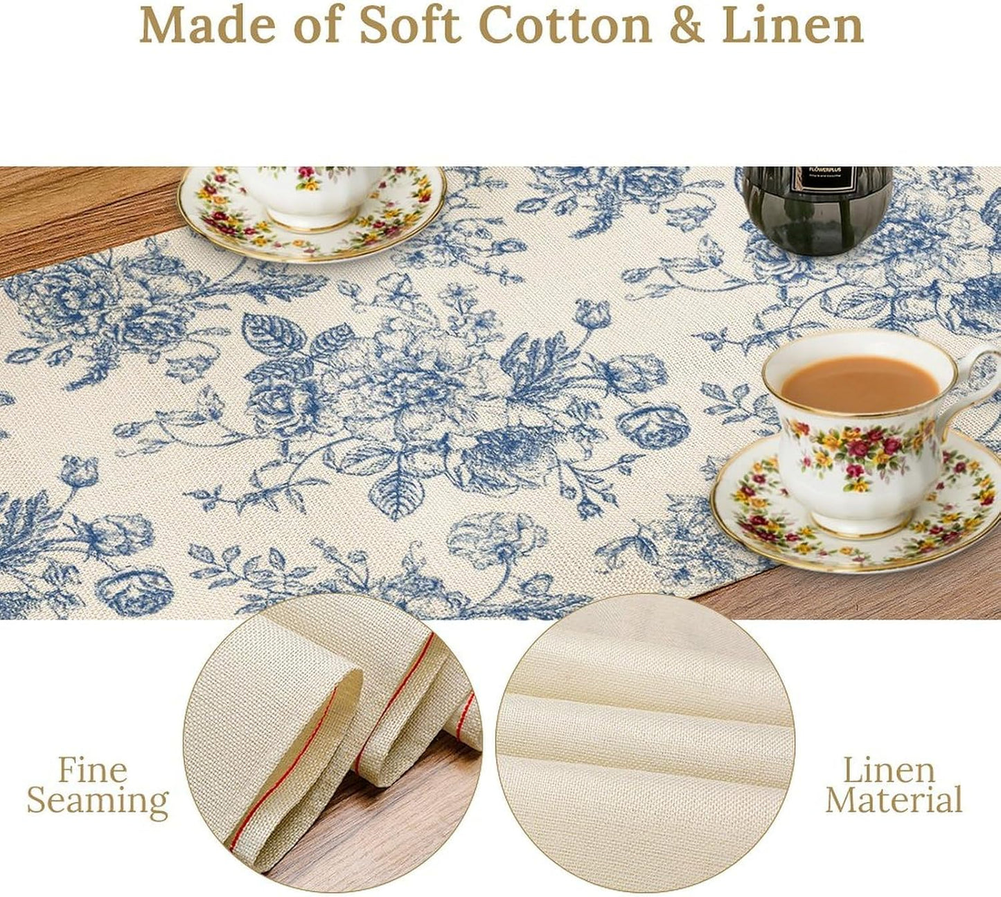 Floral Table Runner, Retro Blue Flower Chinoiserie Sketch Pattern Print Table Runner for Kitchen Dinning Table Runner Decor Home Wedding Party Holiday, 13x36 Inch