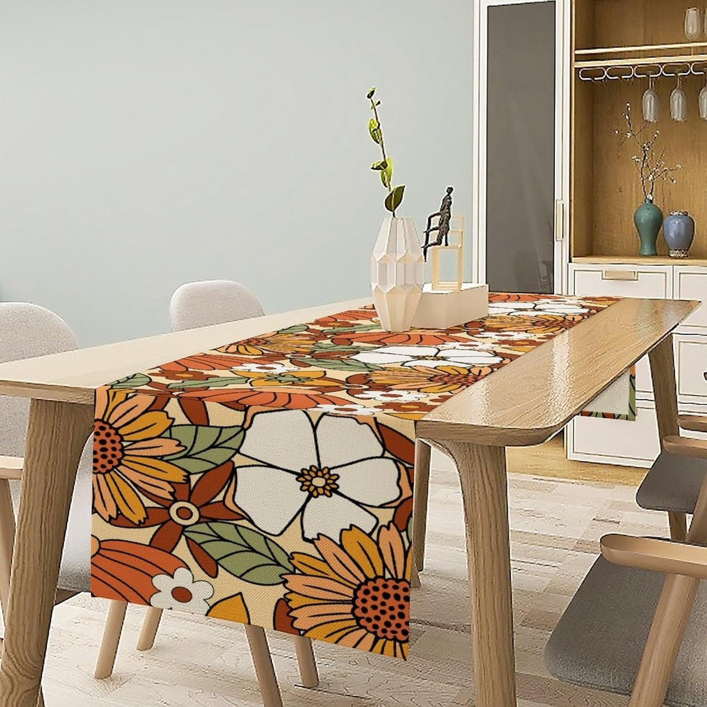 Vintage Floral Table Runner,Boho 70s Style Retro Flower Table Cloth Kitchen Dining Table Home Party Decoration 13x60 Inch