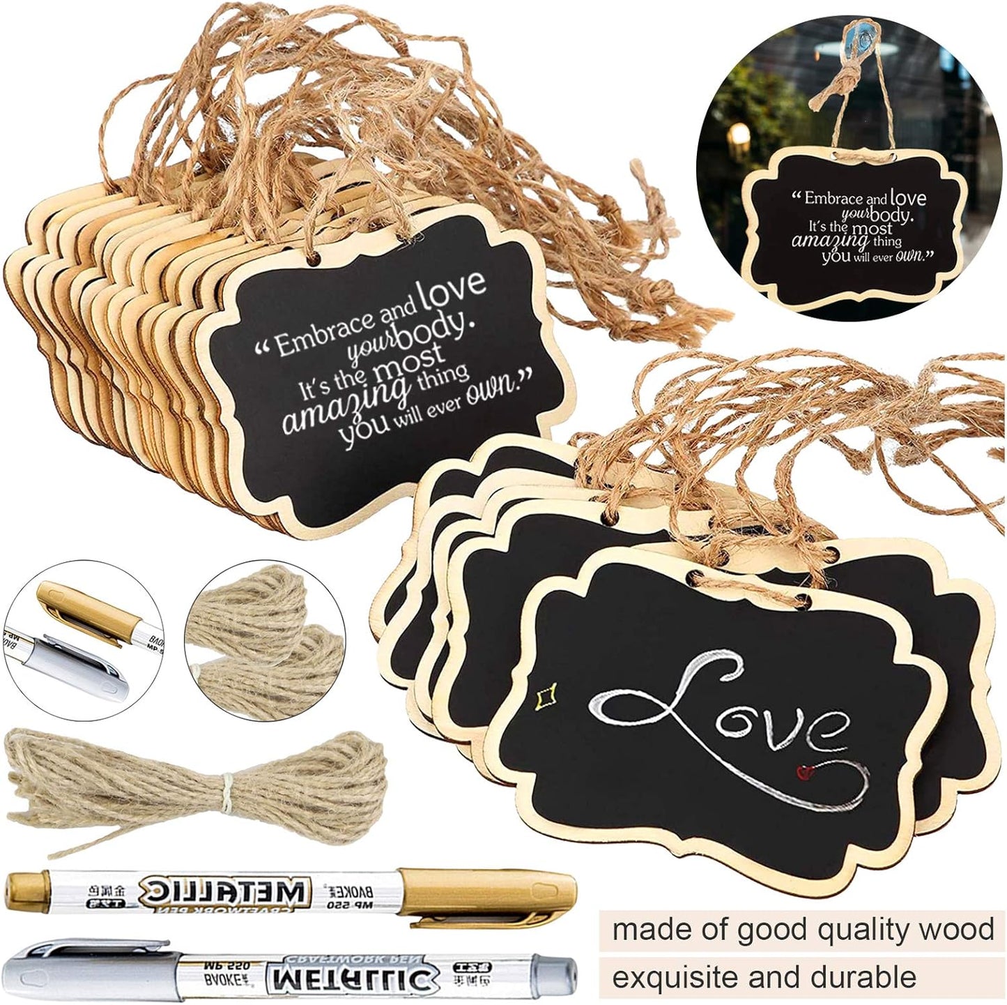 24PCS Reusable Chalkboard Tags with String, ULENDIS 2.36x3.35 Inch Wooden Chalkboards Signs with Gold and Silver Markers, Double-Sided Blackboard for Message Board Signs, Hanging Chalkboard Labels