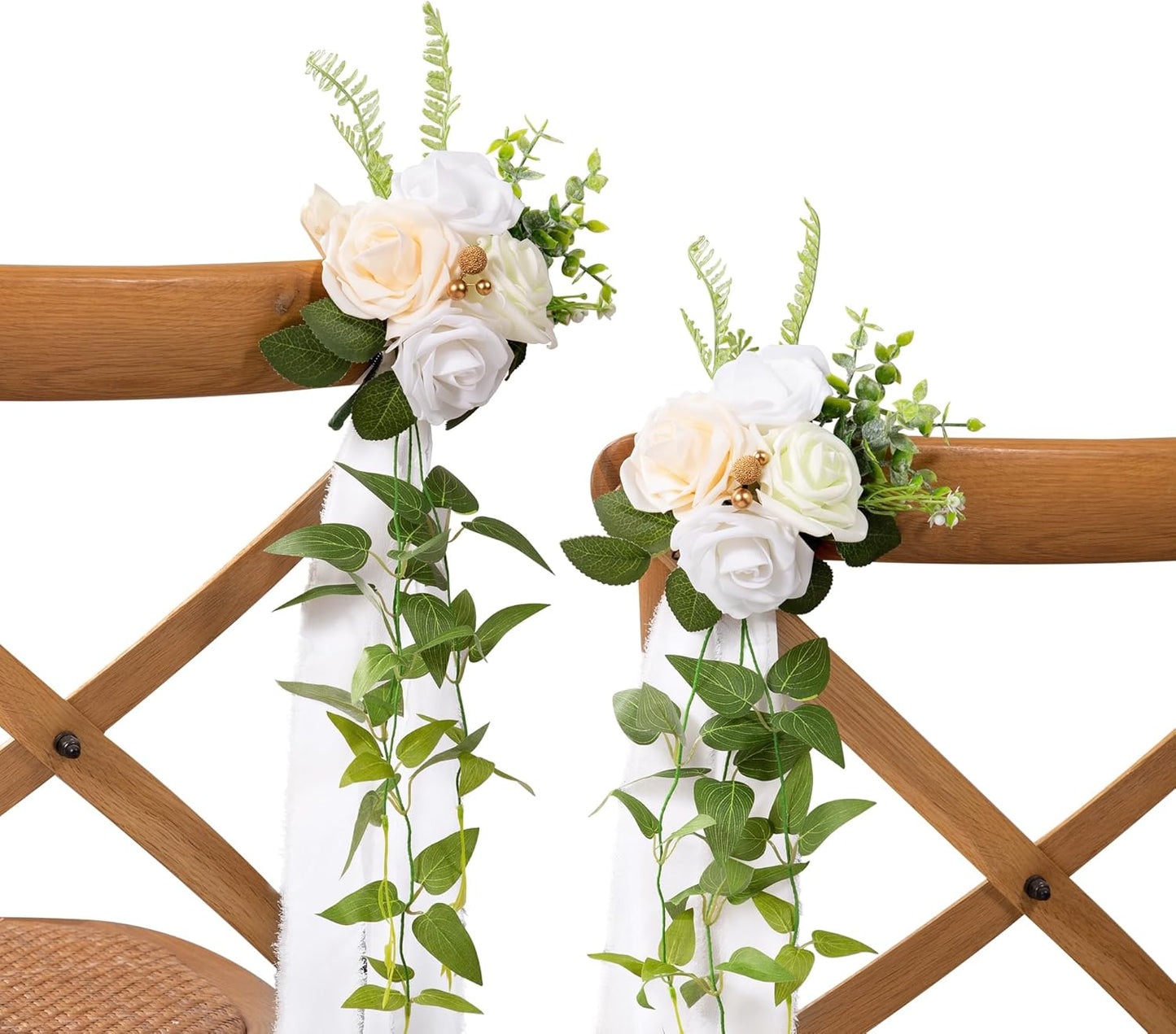 DORIS HOME Wedding Chair Decorations White Pew Flowers Set of 10 for Wedding Ceremony Party Aisle Decor with Artificial Flowers Eucalyptus and Ribbons