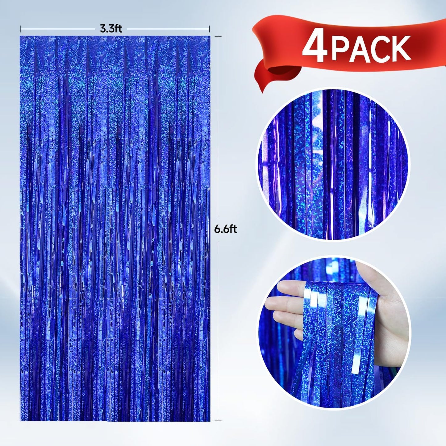 QRabbit 4 Pack Backdrop Curtains, Blue Foil Fringe Curtain Tinsel Backdrop, Party Streamers for Birthday Graduation Engagement Wedding Baby Shower Christmas Party Decorations