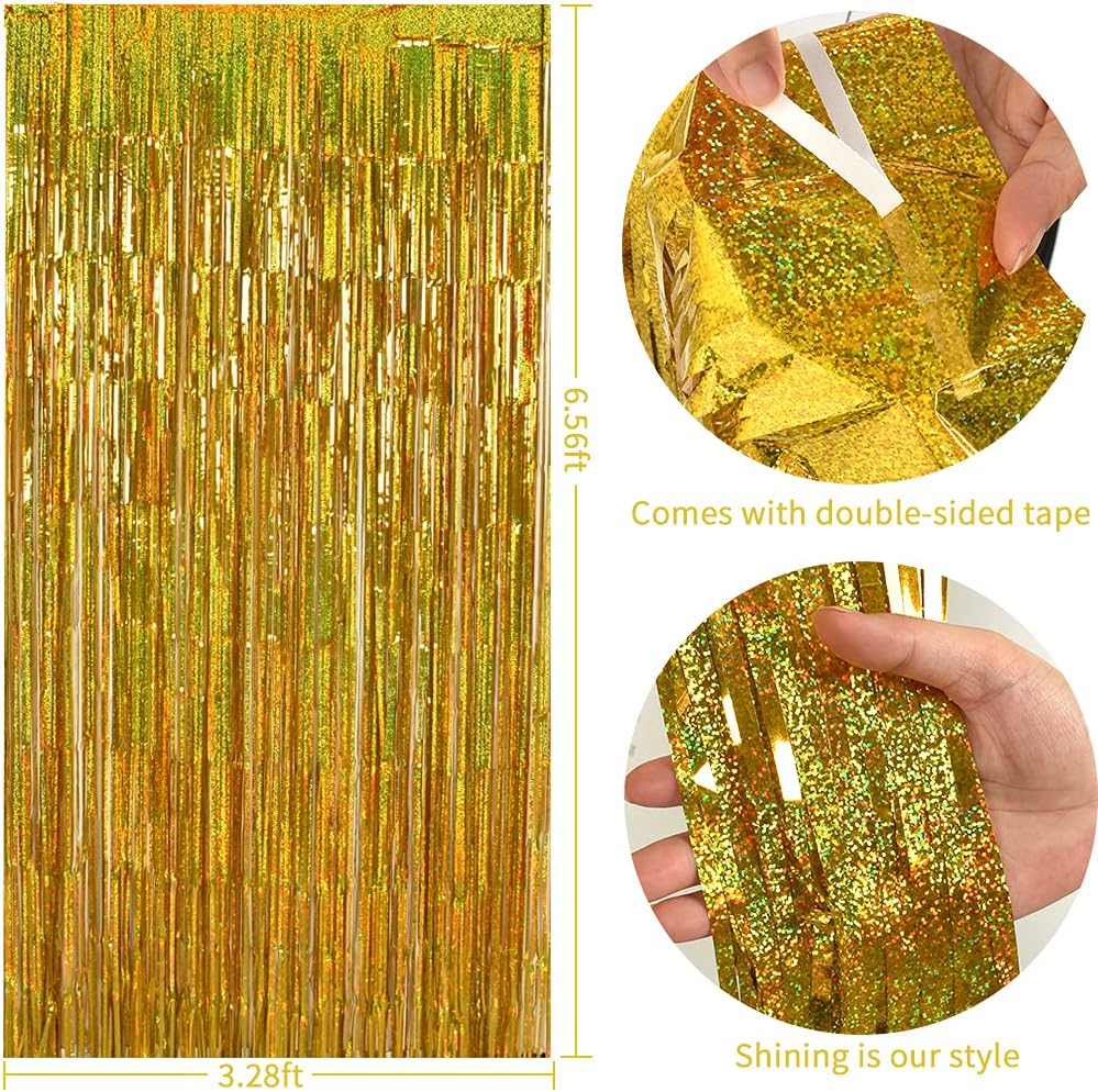 TONIFUL 3Pcs Laser Gold Door Streamers, Metallic Foil Fringe Curtains for Birthday, Christmas, New Year, Bachelorette, Graduation Parties (9.9ft x 6.6ft)