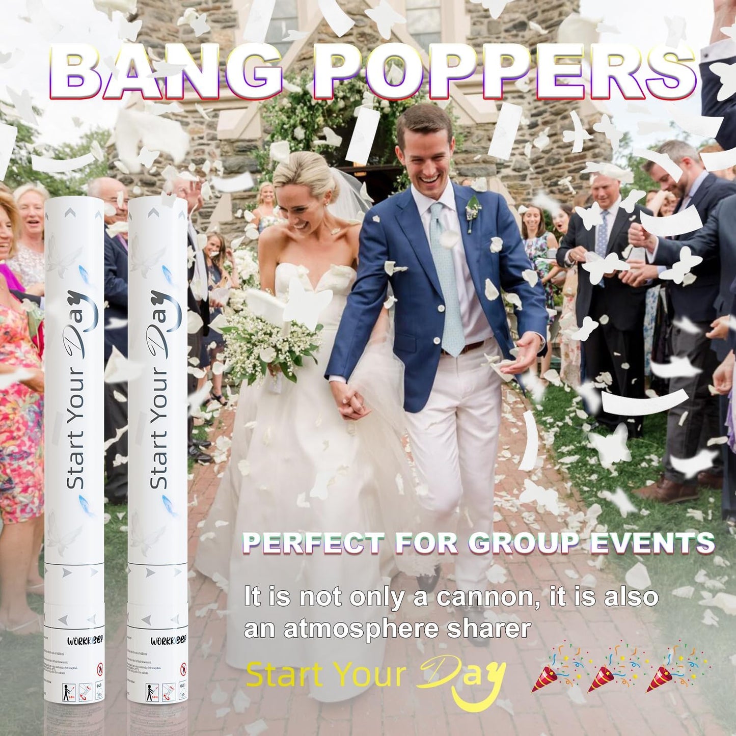 White Butterfly Confetti Poppers, 15 Inch Butterfly Party Poppers for Birthday, Wedding, Halloween Celebrations - Air Powered Confetti Gun